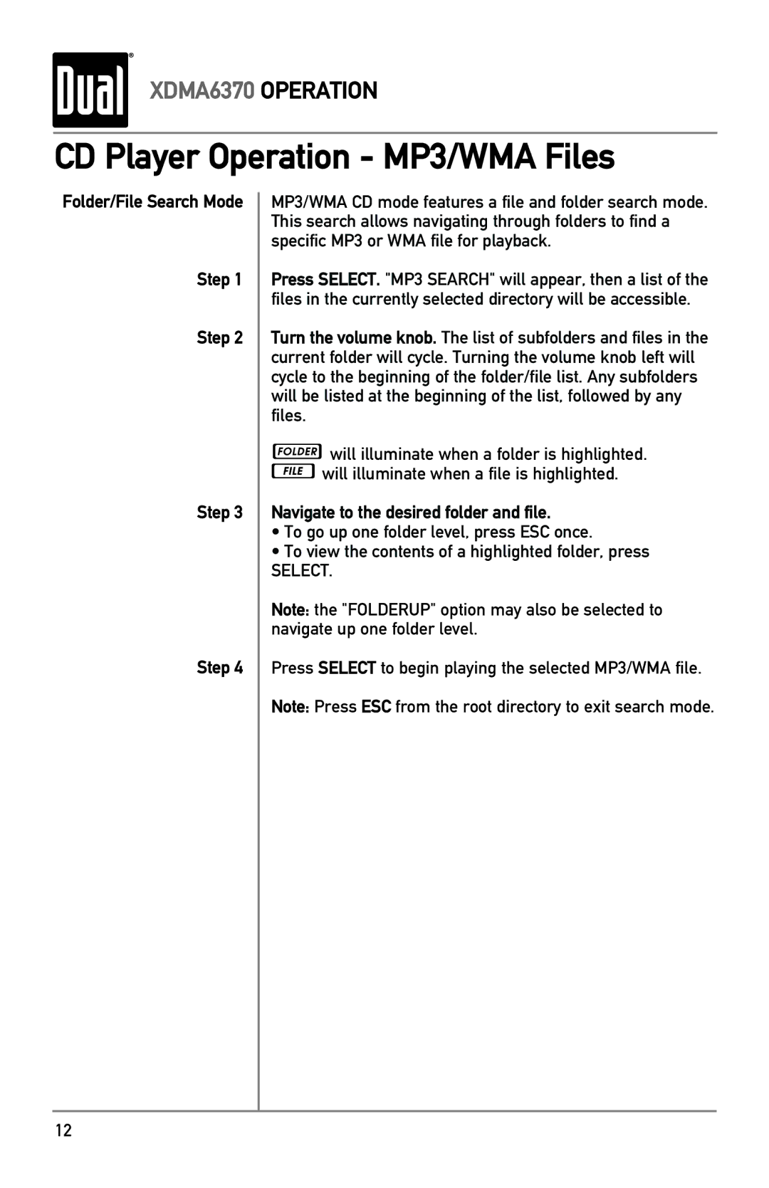 Dual XDMA6370 owner manual CD Player Operation MP3/WMA Files, Folder/File Search Mode Step 