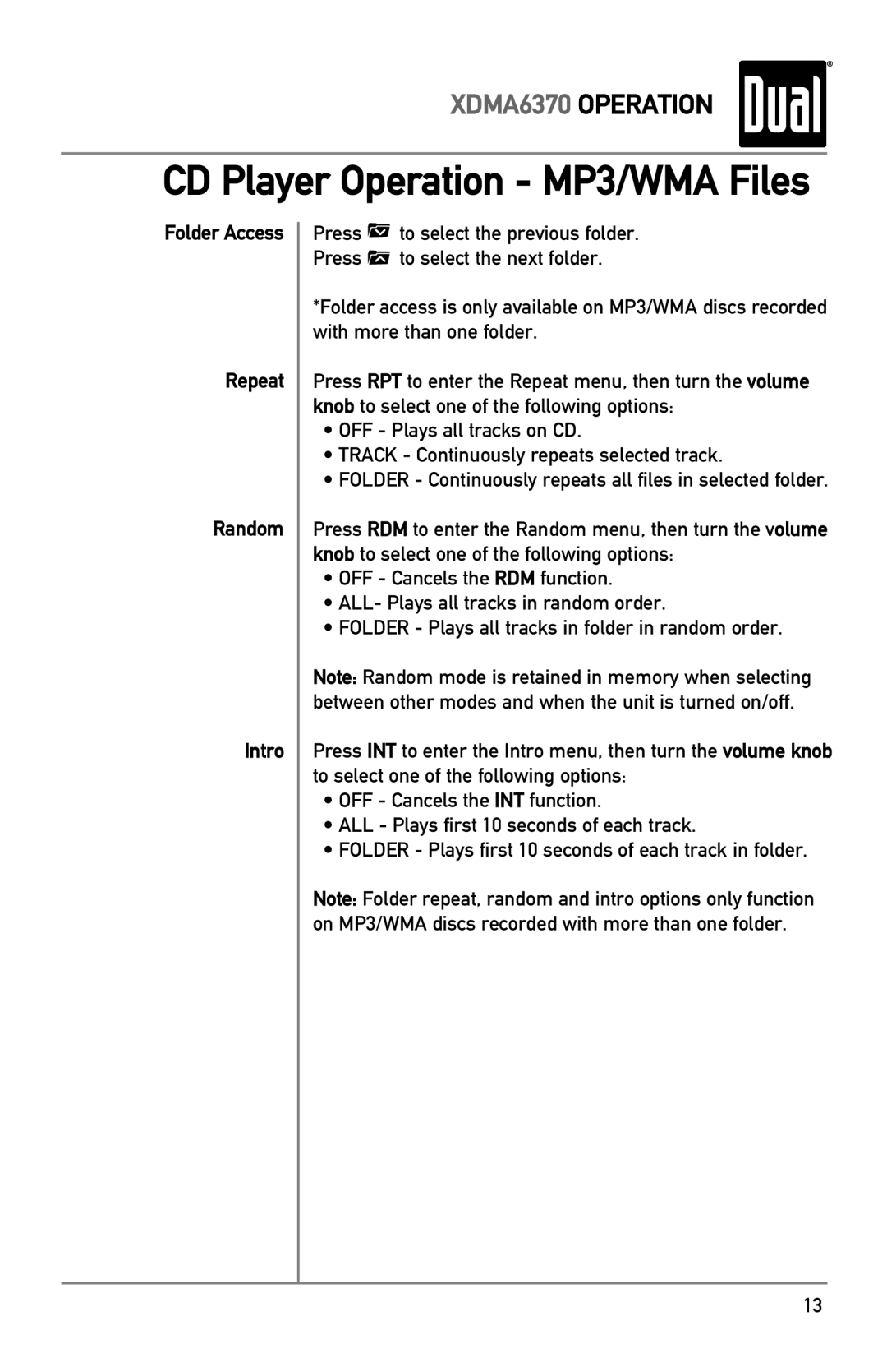 Dual XDMA6370 owner manual Folder Access Repeat Random Intro 