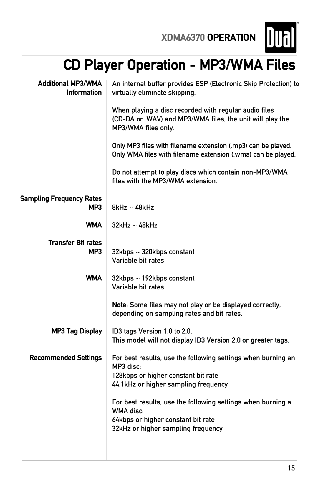 Dual XDMA6370 owner manual Transfer Bit rates, MP3 Tag Display Recommended Settings 