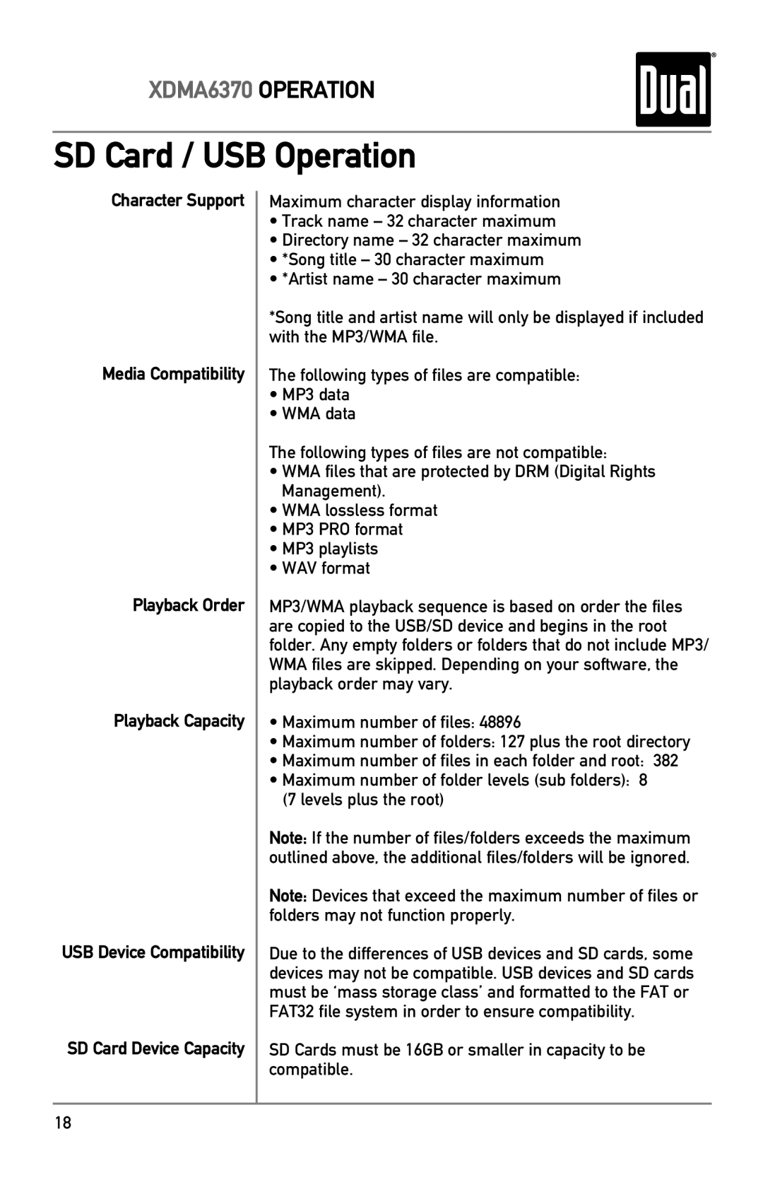 Dual XDMA6370 owner manual SD Card / USB Operation 