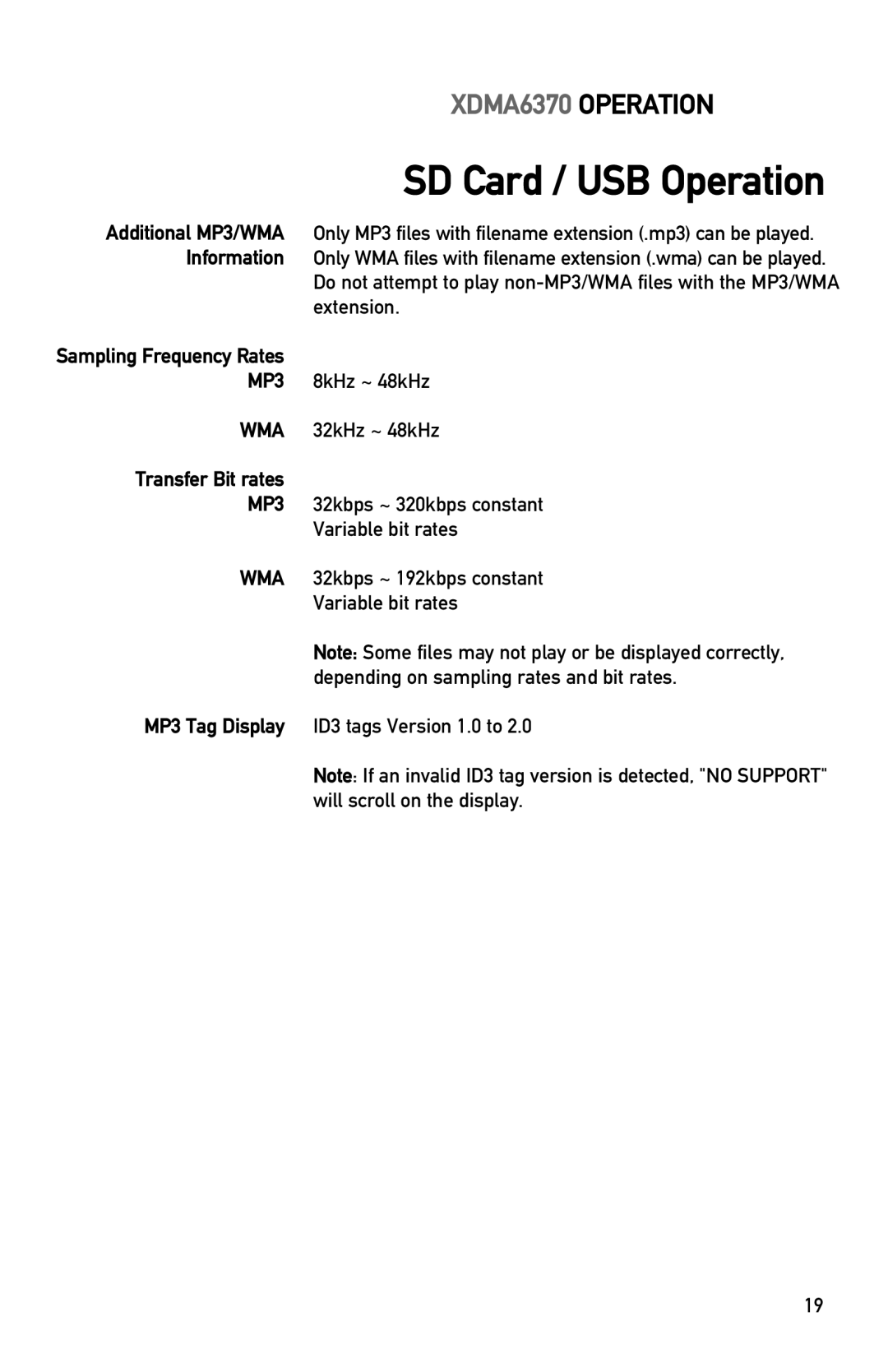 Dual XDMA6370 owner manual Transfer Bit rates, MP3 Tag Display 