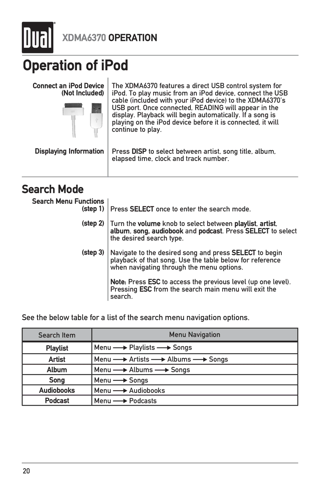 Dual XDMA6370 owner manual Operation of iPod, Search Mode 