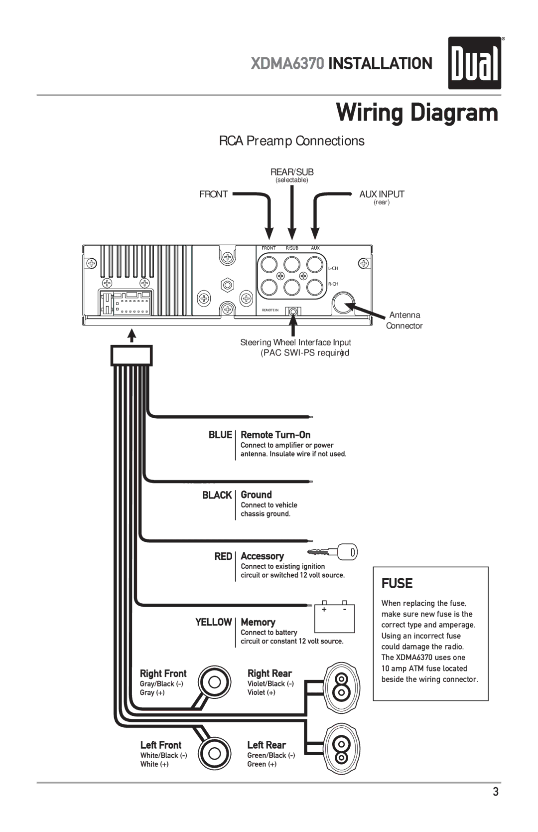 Dual XDMA6370 owner manual Wiring Diagram, RCA Preamp Connections 