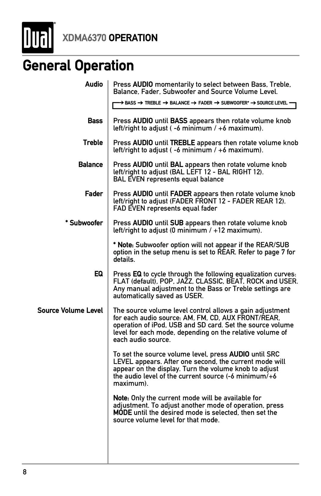 Dual XDMA6370 owner manual Bass Treble Balance Fader SUBWOOFER* Source Level 
