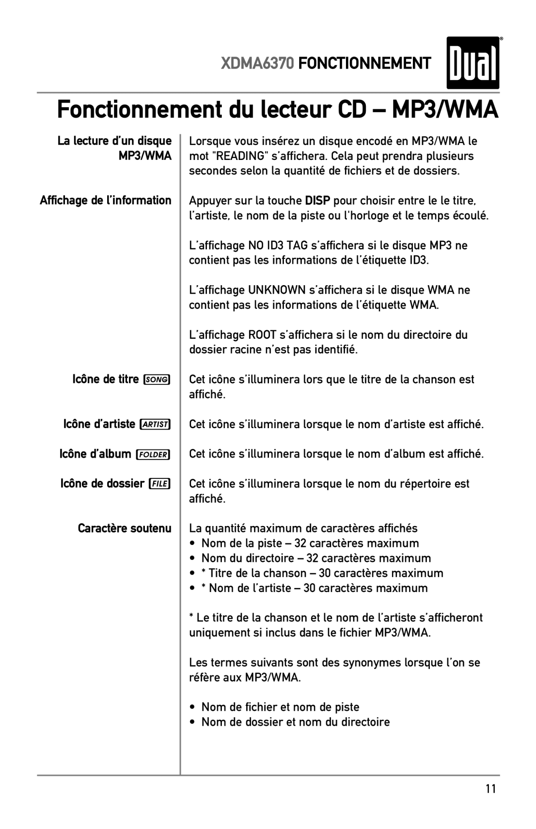 Dual XDMA6370 manual Fonctionnement du lecteur CD MP3/WMA 