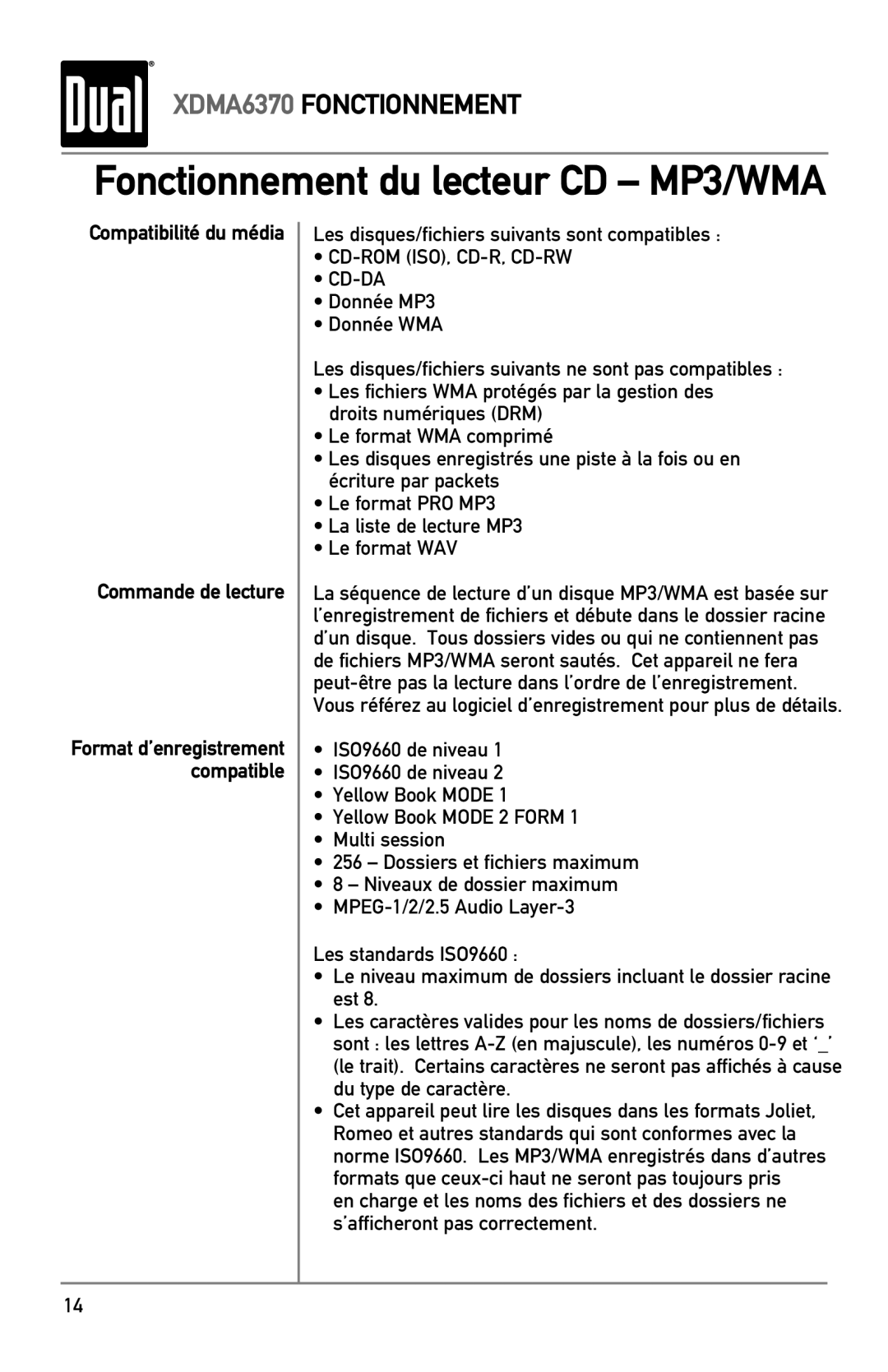 Dual XDMA6370 manual Compatibilité du média Commande de lecture, Cd-Rom Iso, Cd-R, Cd-Rw Cd-Da 