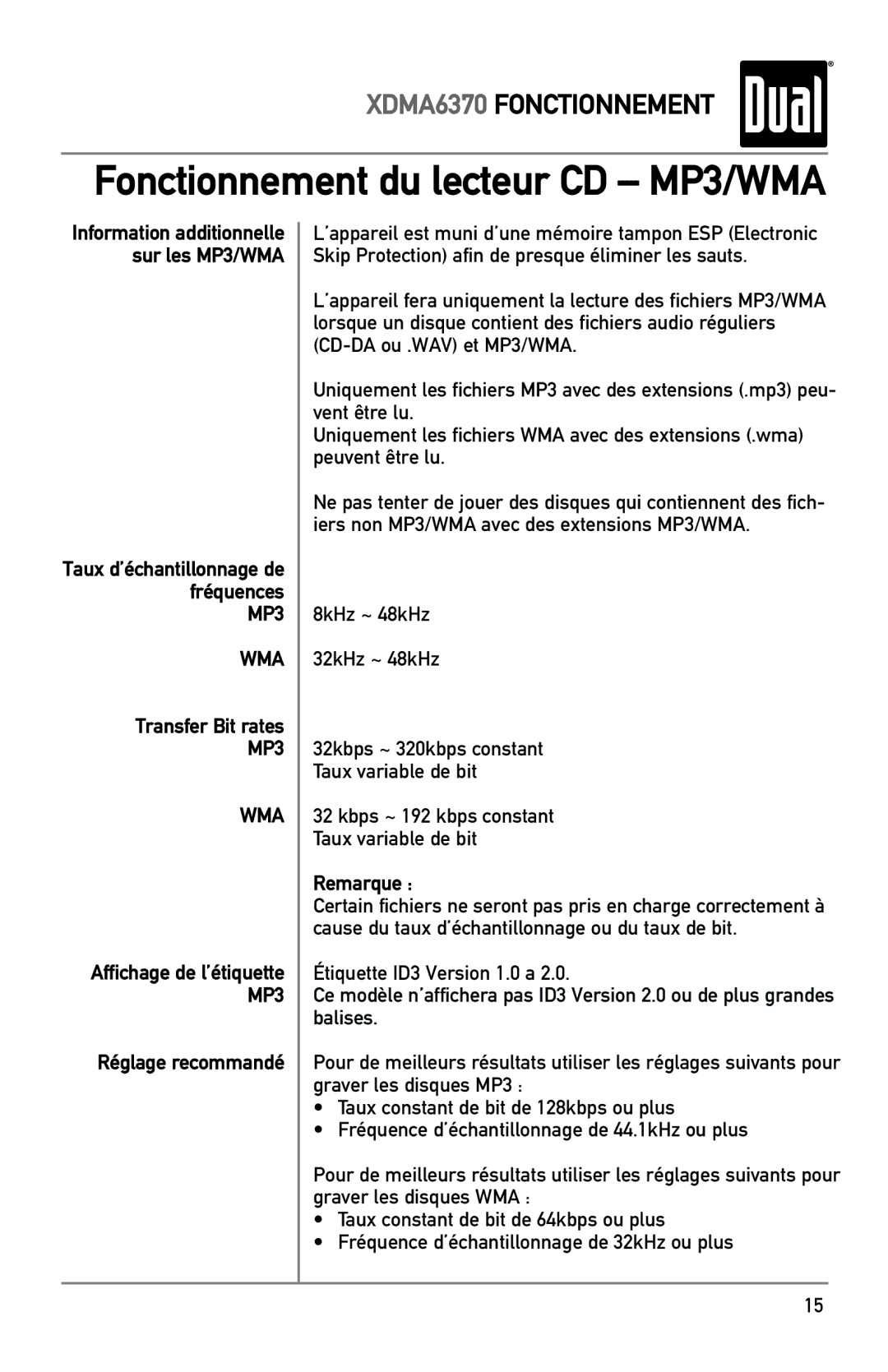 Dual XDMA6370 manual Taux d’échantillonnage de fréquences MP3, Transfer Bit rates, Réglage recommandé, Remarque 