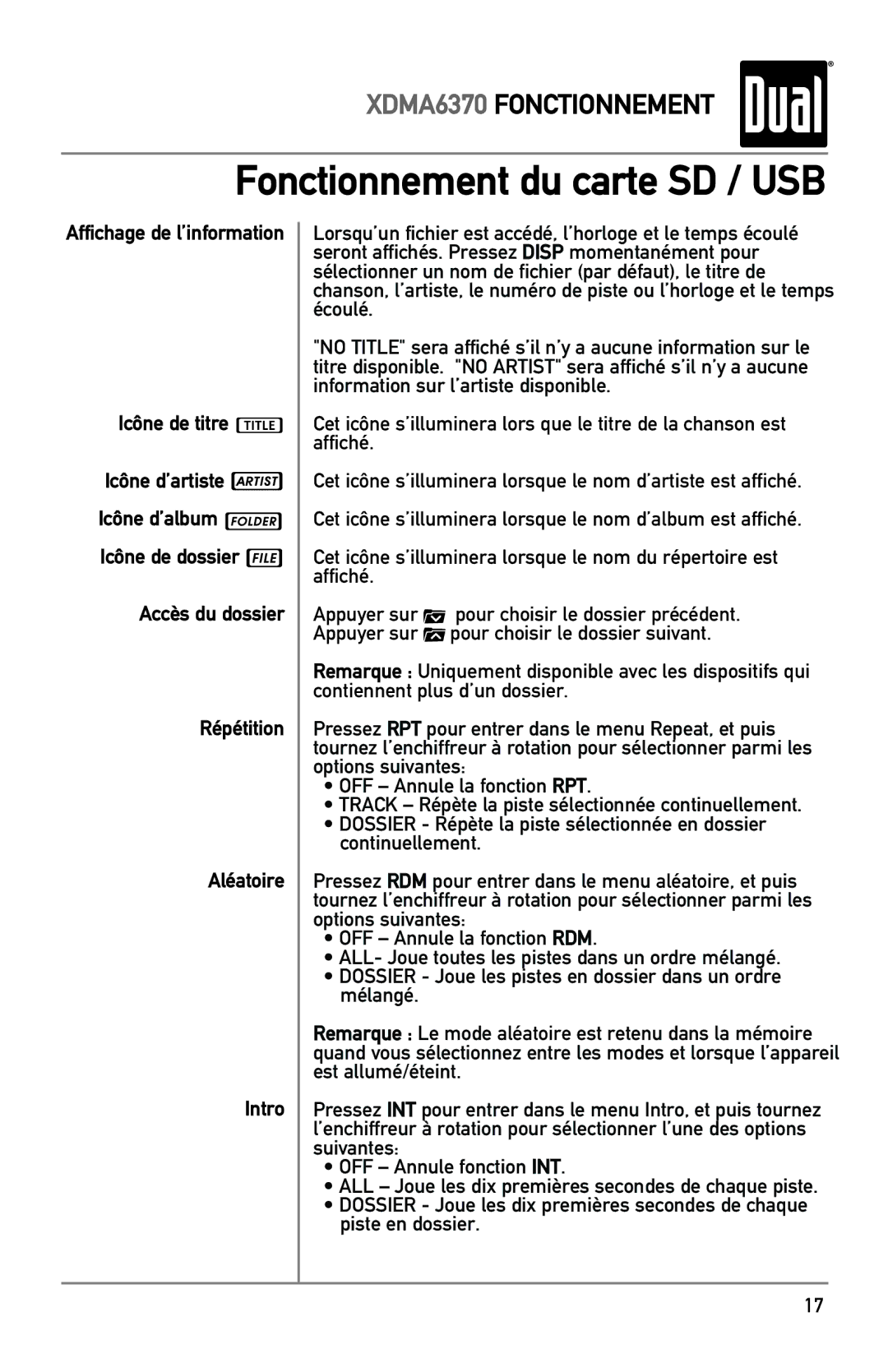 Dual XDMA6370 manual Affichage de l’information Icône de titre, Accès du dossier Répétition Aléatoire Intro 