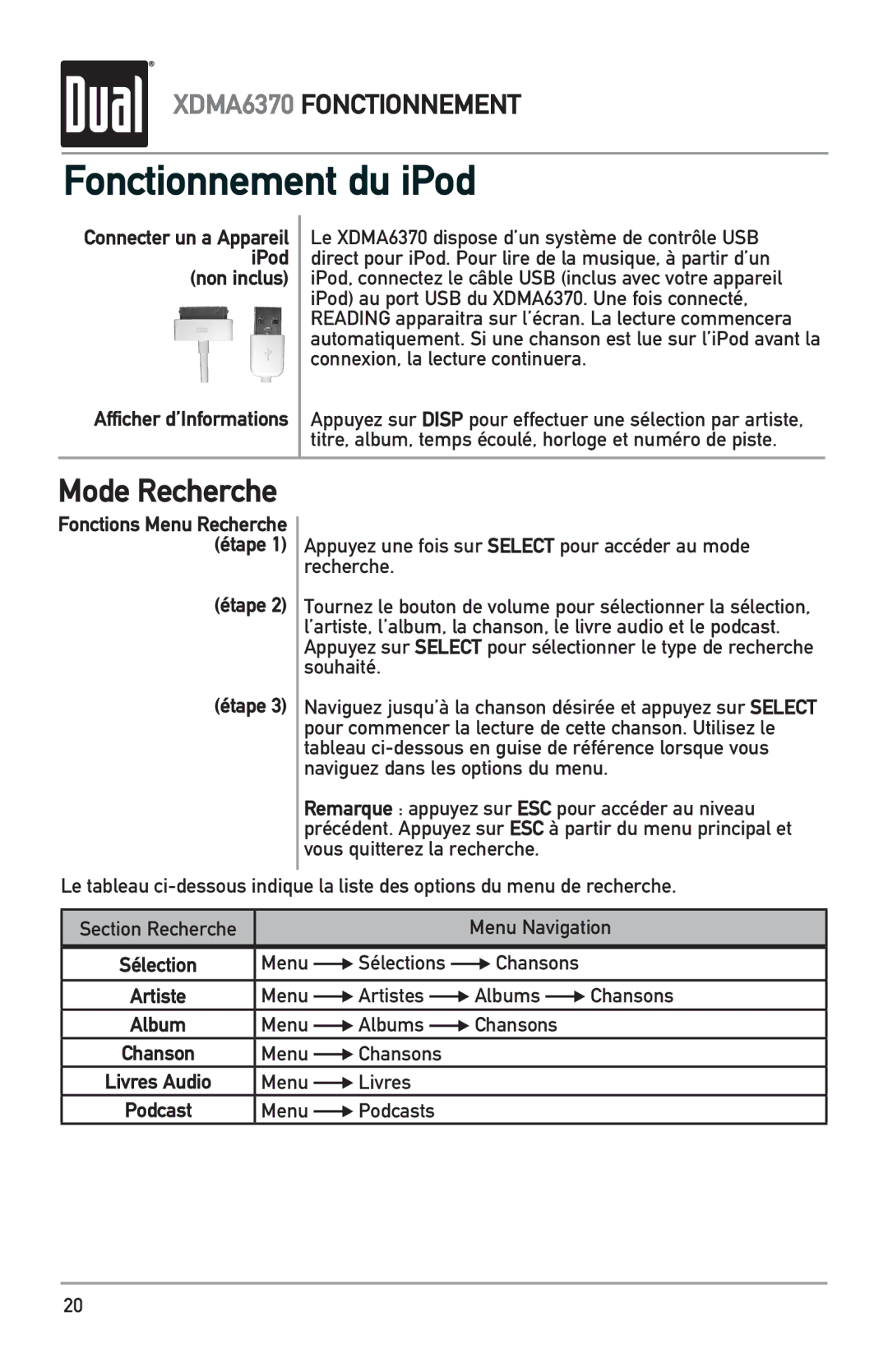 Dual XDMA6370 manual Fonctionnement du iPod, Connecter un a Appareil iPod non inclus, Étape 