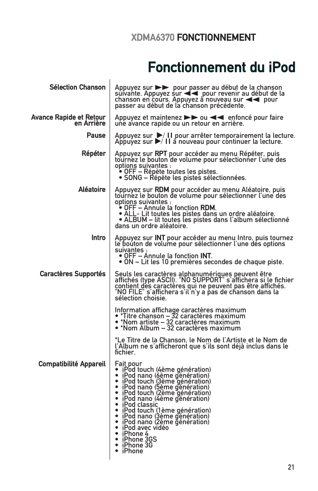 Dual XDMA6370 manual Sélection Chanson, Avance Rapide et Retour, En Arrière, Caractères Supportés, Compatibilité Appareil 