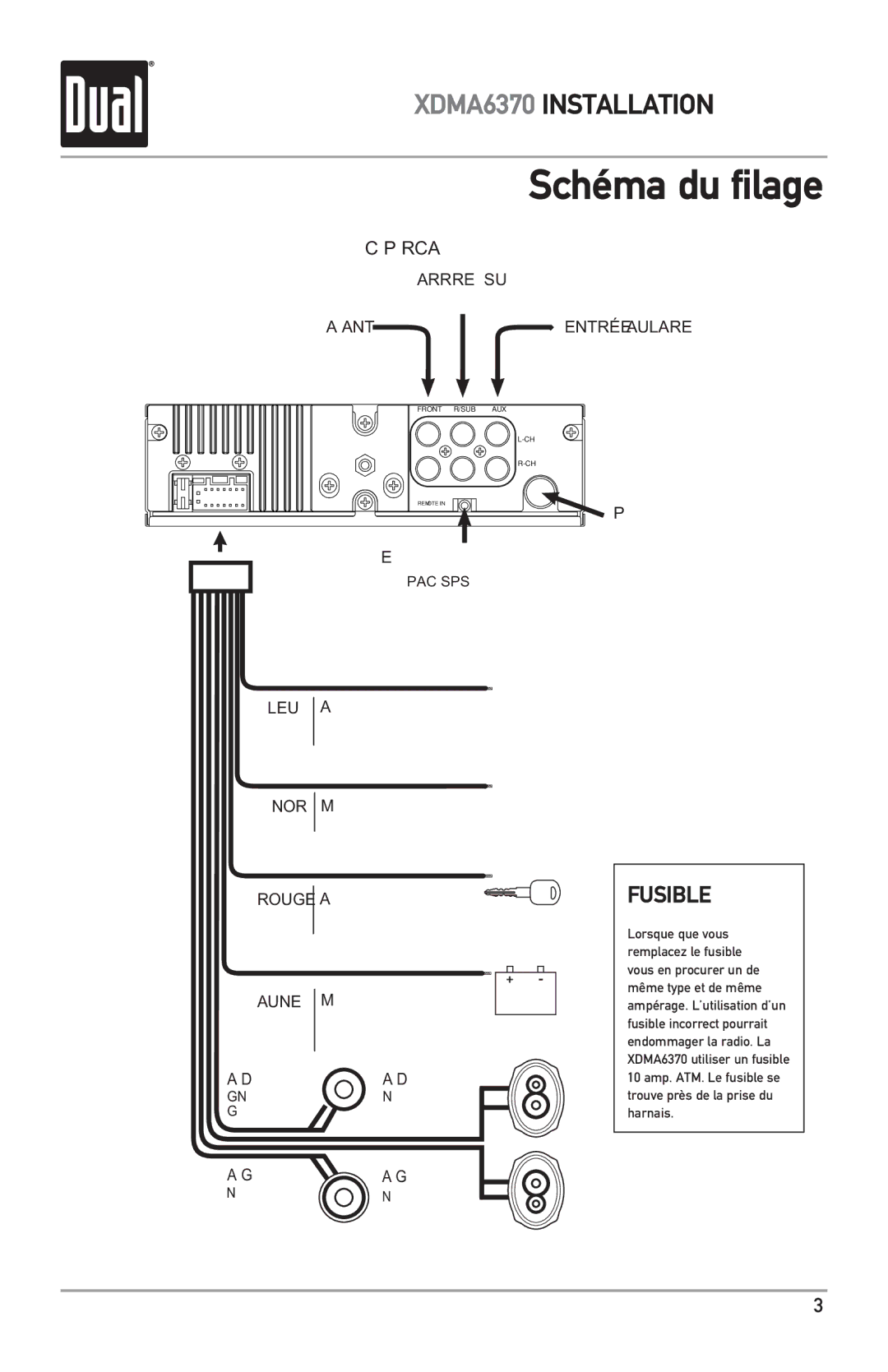 Dual XDMA6370 manual Schéma du filage, Connexions Préampli RCA 