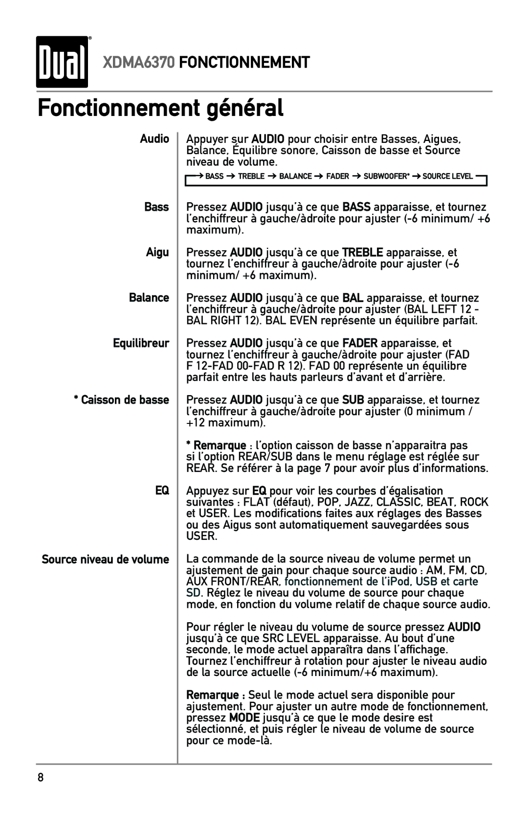 Dual XDMA6370 manual Pressez Audio jusqu’à ce que Fader apparaisse, et 