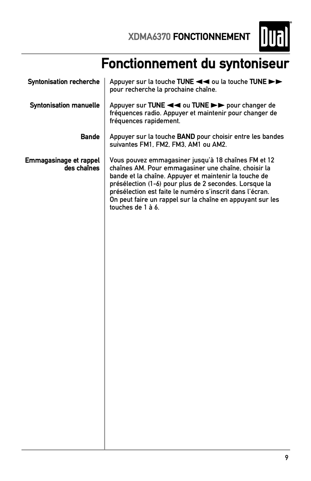 Dual XDMA6370 manual Fonctionnement du syntoniseur, Syntonisation recherche Syntonisation manuelle Bande 