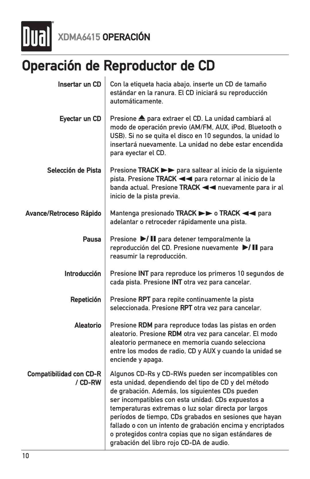 Dual XDMA6415 manual Operación de Reproductor de CD 