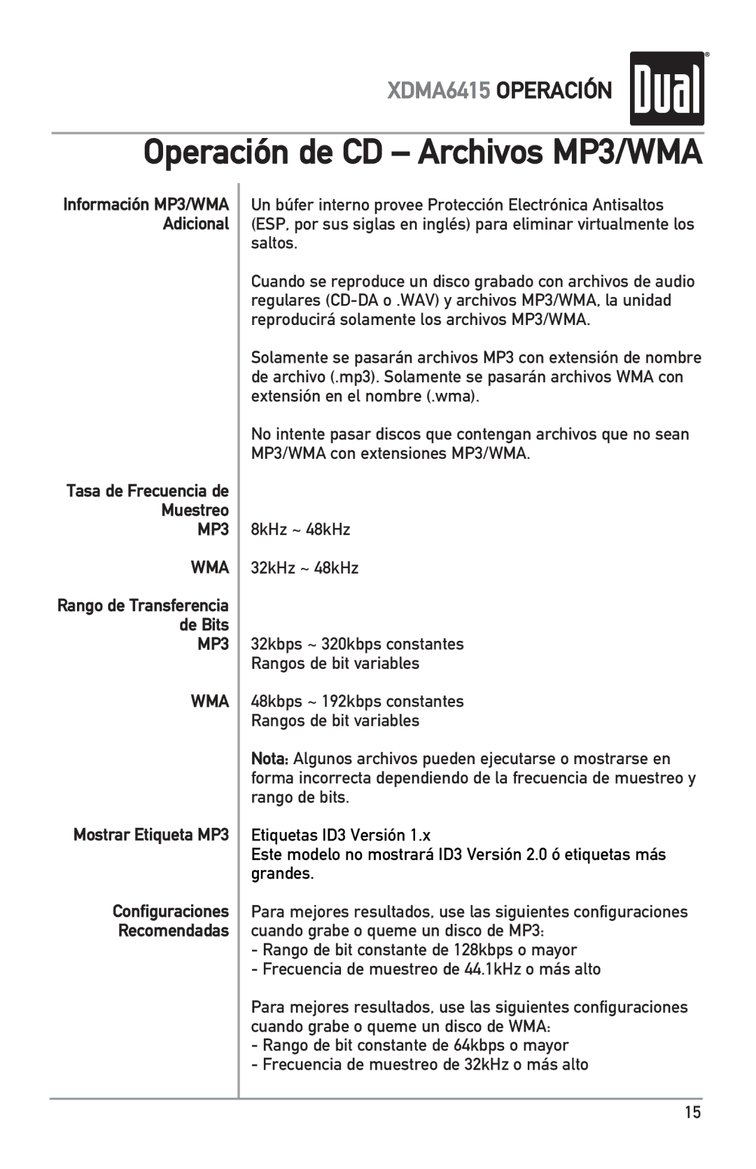 Dual XDMA6415 manual Tasa de Frecuencia de Muestreo MP3, Rango de Transferencia de Bits MP3 