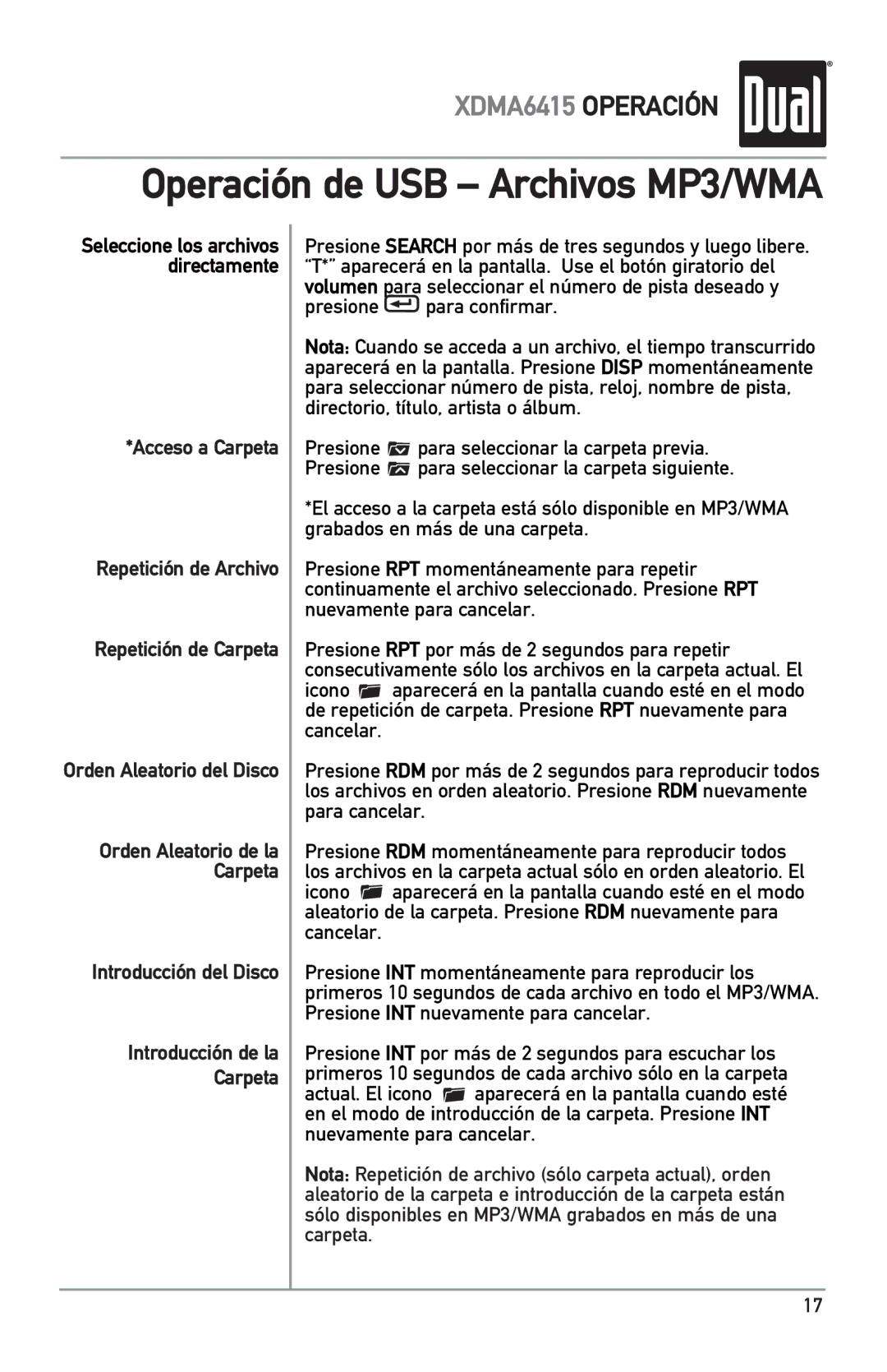 Dual XDMA6415 manual Operación de USB Archivos MP3/WMA 
