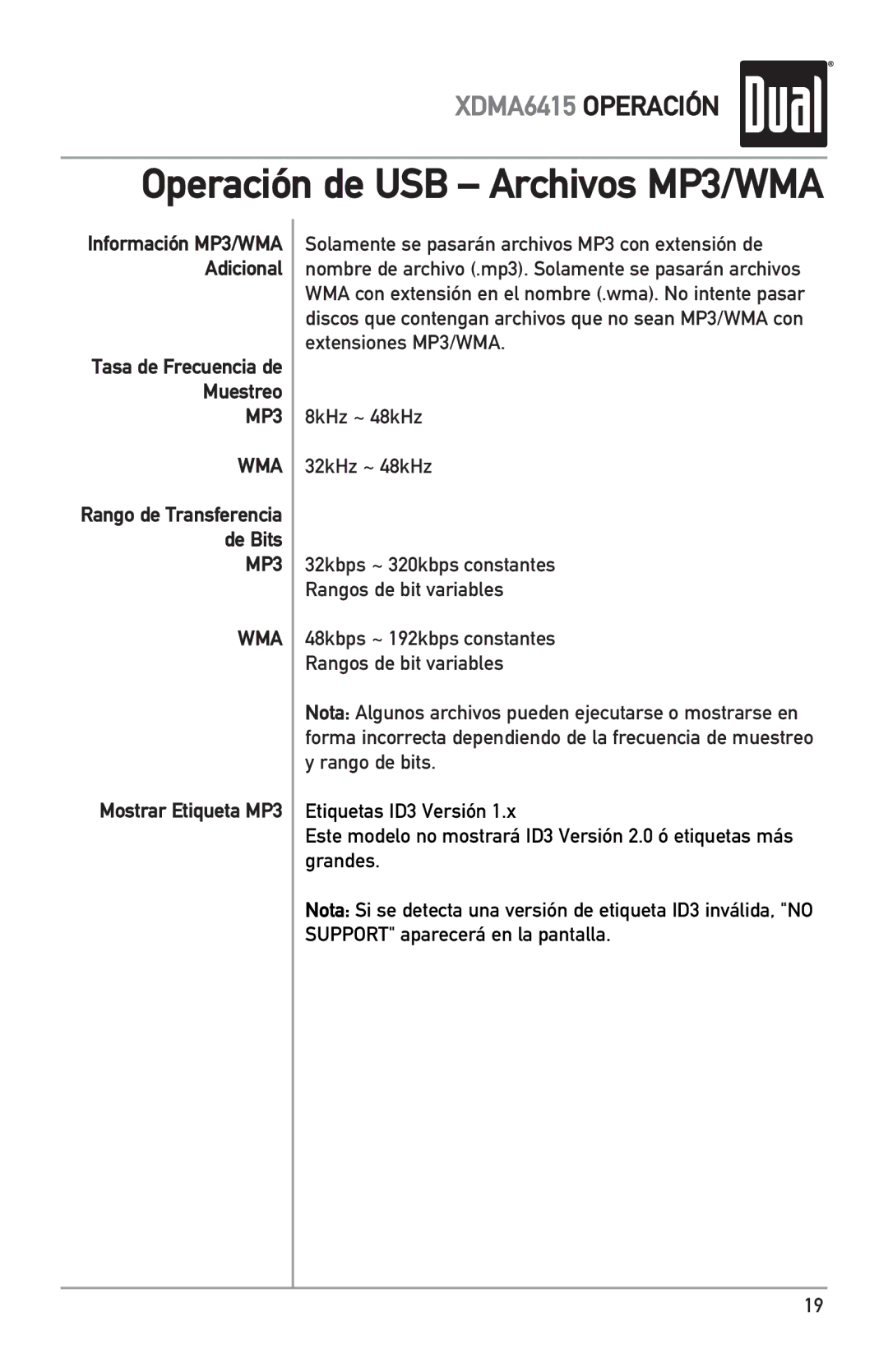 Dual XDMA6415 manual Tasa de Frecuencia de Muestreo MP3, Mostrar Etiqueta MP3 