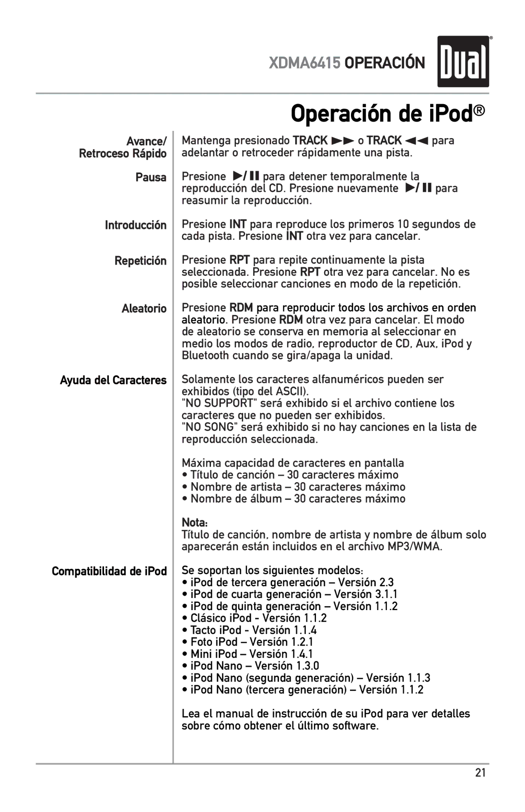 Dual XDMA6415 manual Pausa Introducción Repetición Aleatorio, Nota 