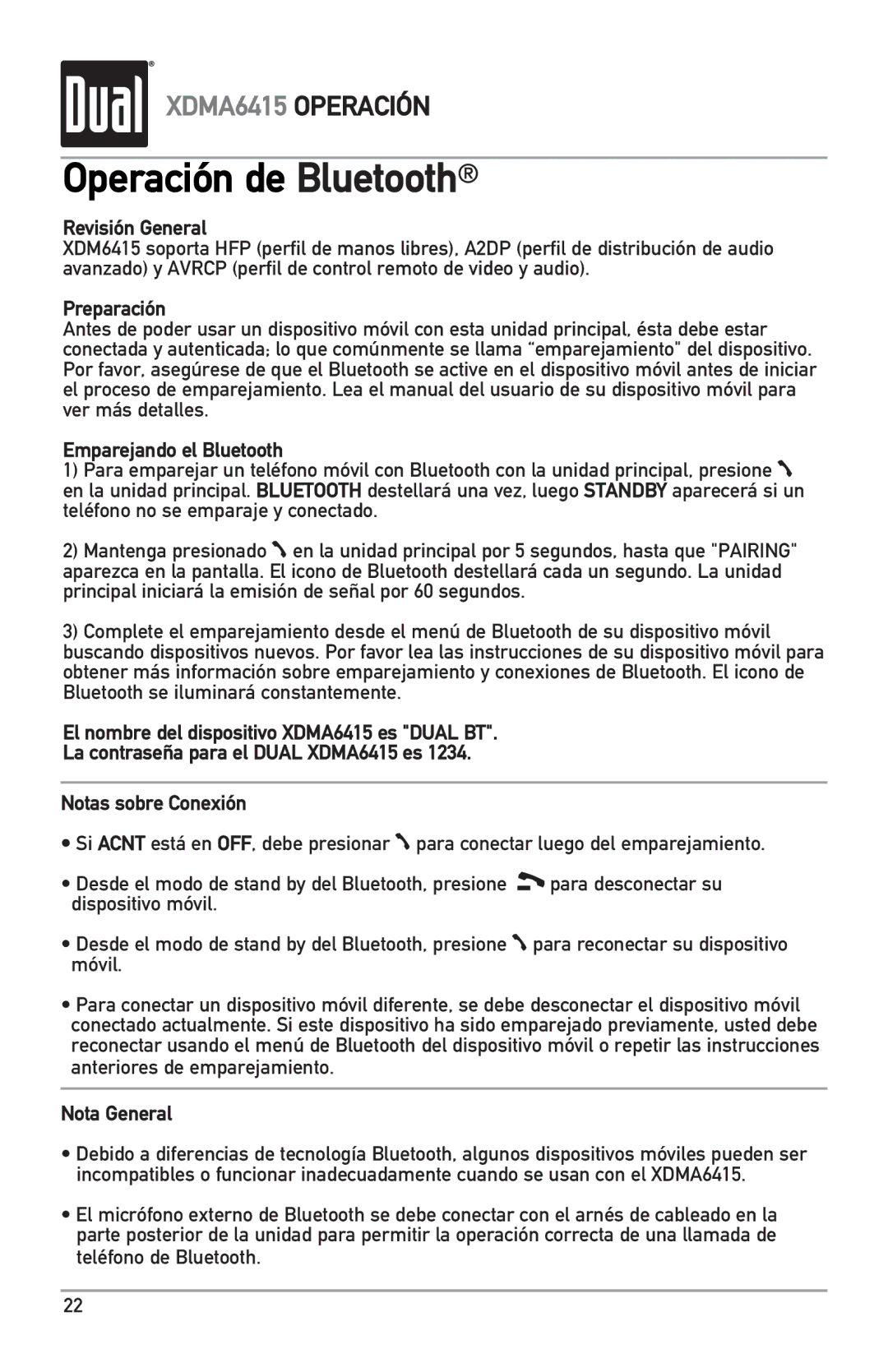 Dual XDMA6415 manual Operación de Bluetooth, Revisión General, Preparación, Emparejando el Bluetooth, Nota General 