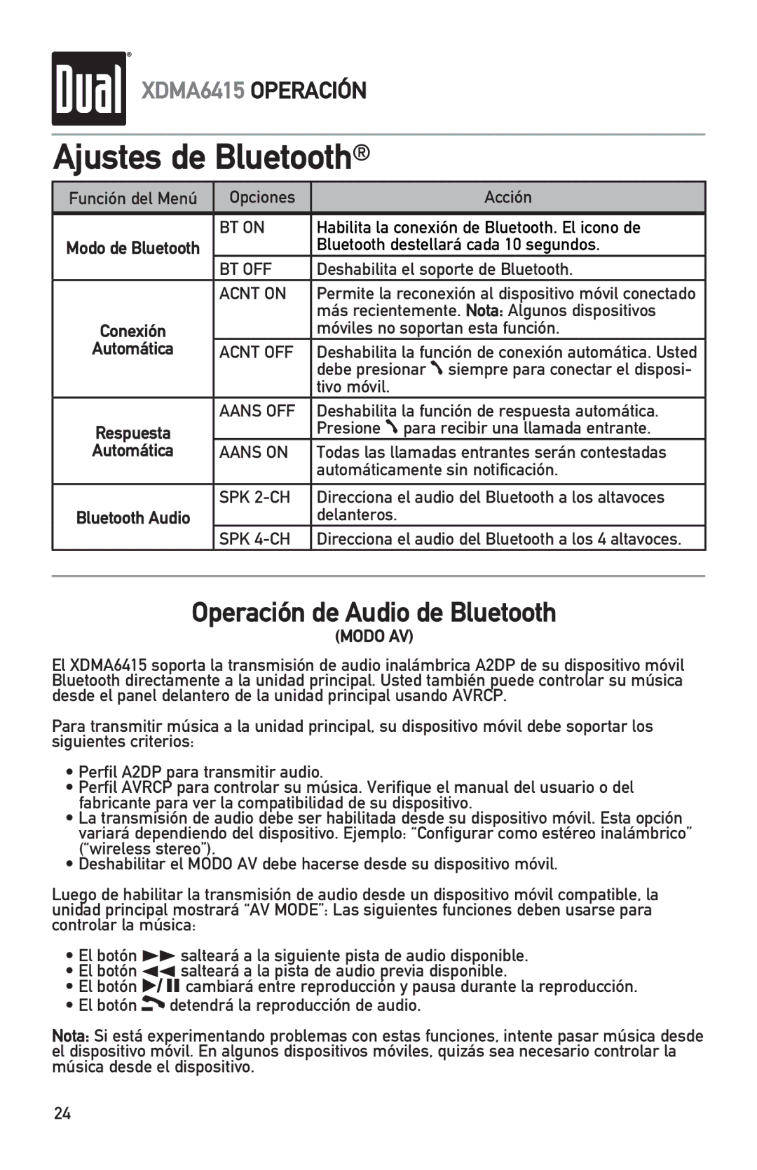 Dual XDMA6415 manual Ajustes de Bluetooth, Automática 