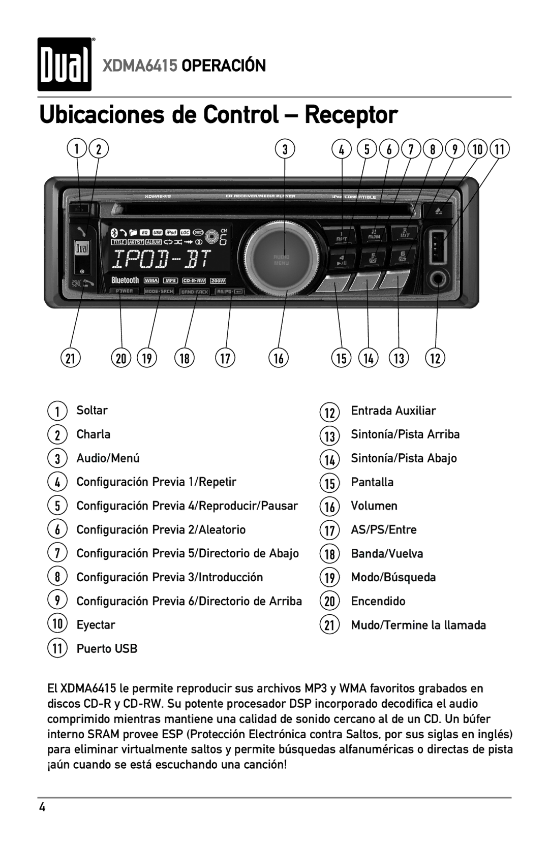 Dual XDMA6415 manual Ubicaciones de Control Receptor, Soltar 