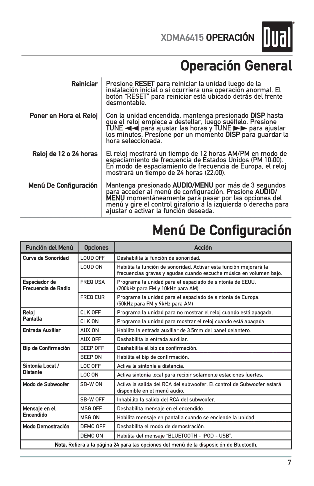 Dual XDMA6415 manual Menú De Configuración, Reiniciar Poner en Hora el Reloj 