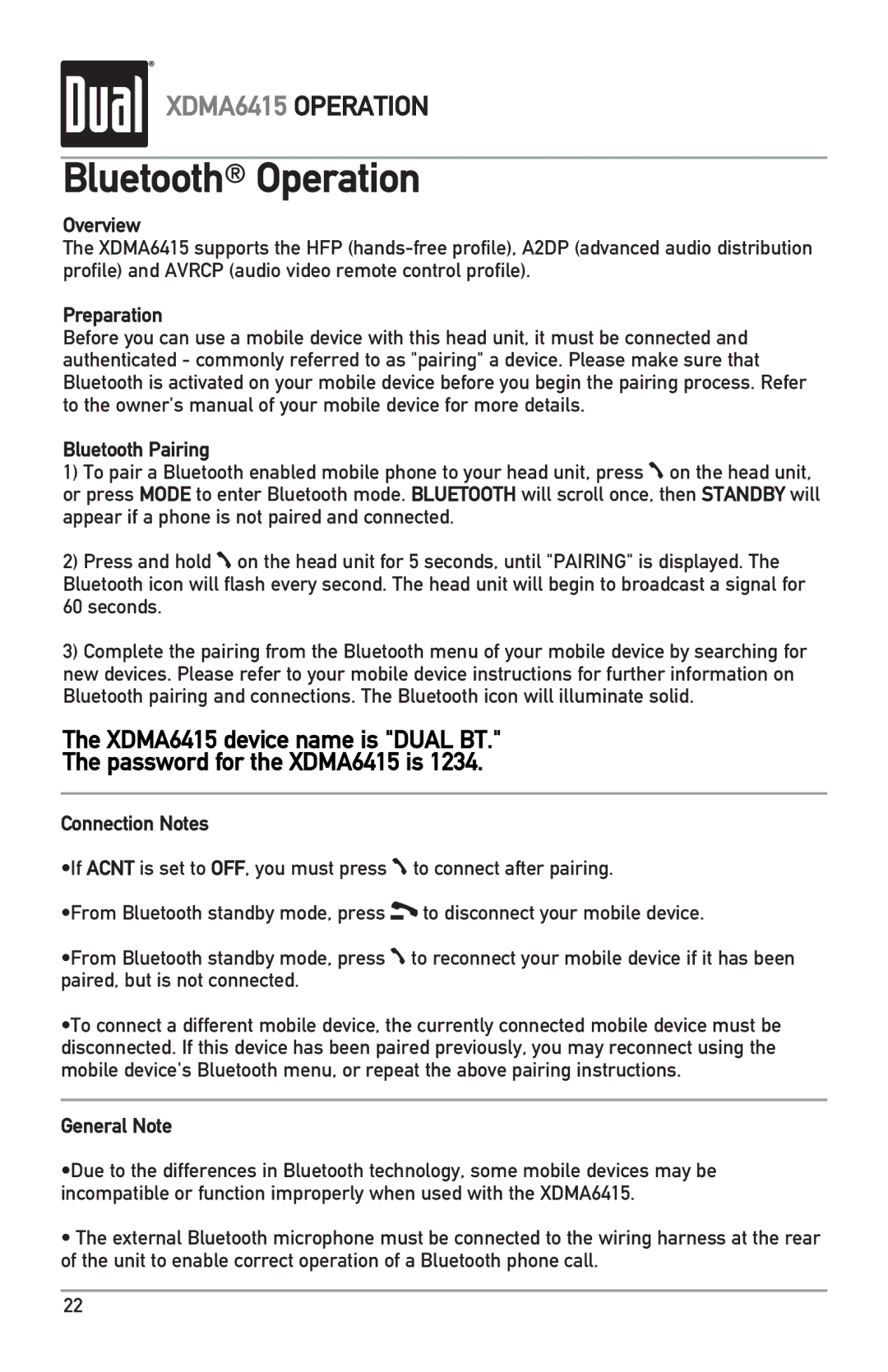 Dual XDMA6415 owner manual Bluetooth Operation, Overview, Preparation Bluetooth Pairing, Connection Notes, General Note 