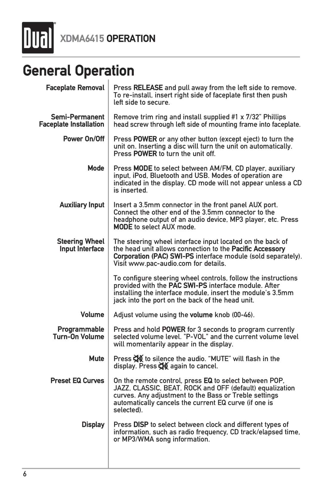 Dual XDMA6415 owner manual General Operation, Faceplate Removal, Mute Preset EQ Curves Display 