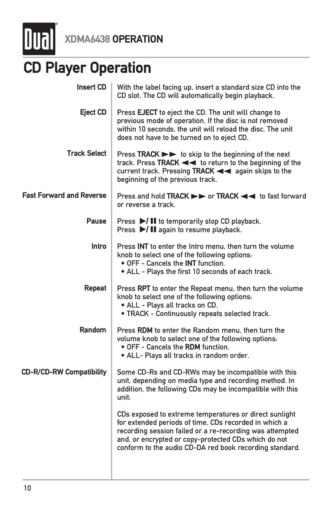 Dual XDMA6438 owner manual CD Player Operation 