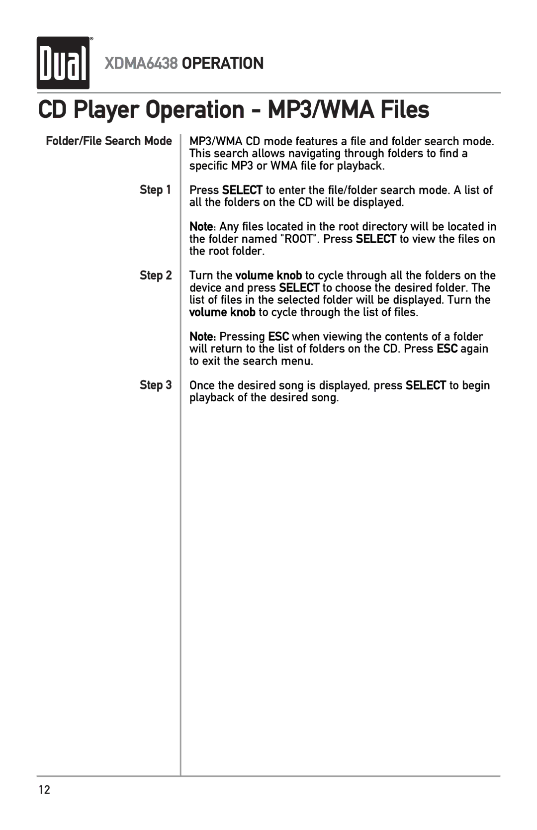 Dual XDMA6438 owner manual CD Player Operation MP3/WMA Files, Folder/File Search Mode Step 