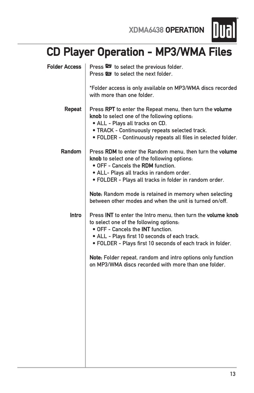 Dual XDMA6438 owner manual Folder Access Repeat Random Intro 