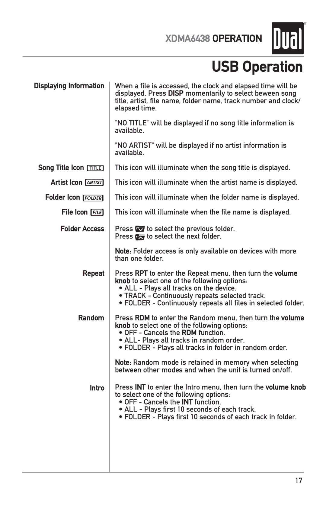 Dual XDMA6438 owner manual USB Operation 