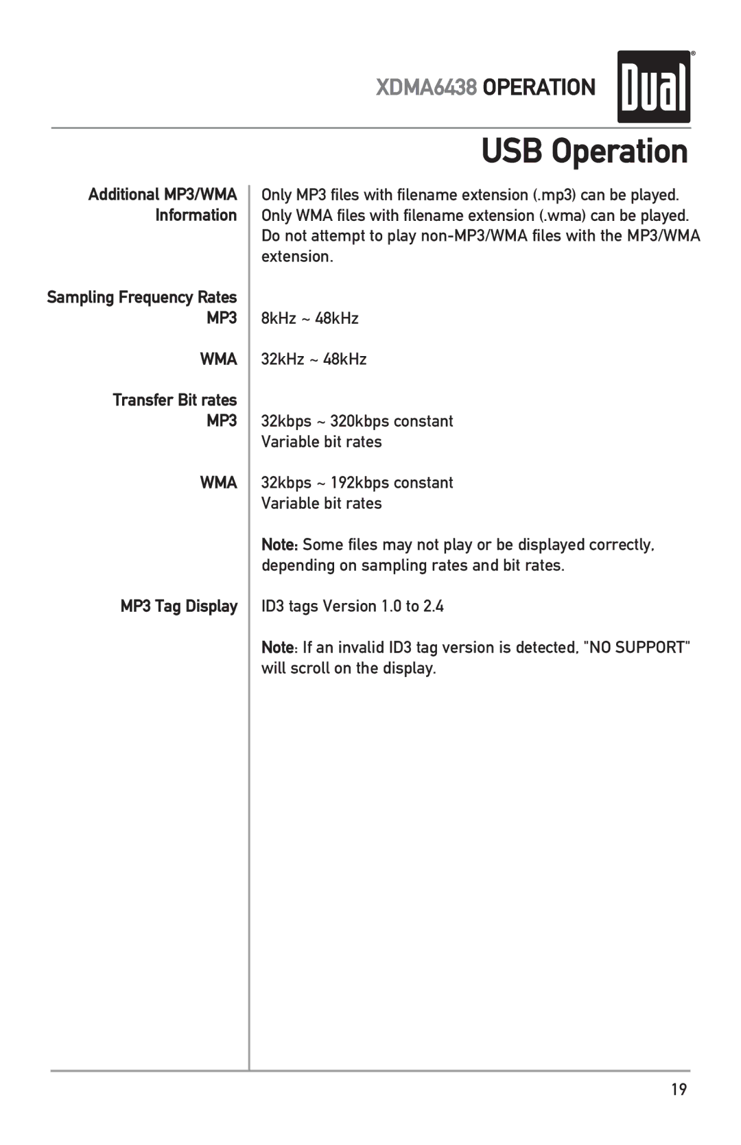 Dual XDMA6438 owner manual Transfer Bit rates, MP3 Tag Display 