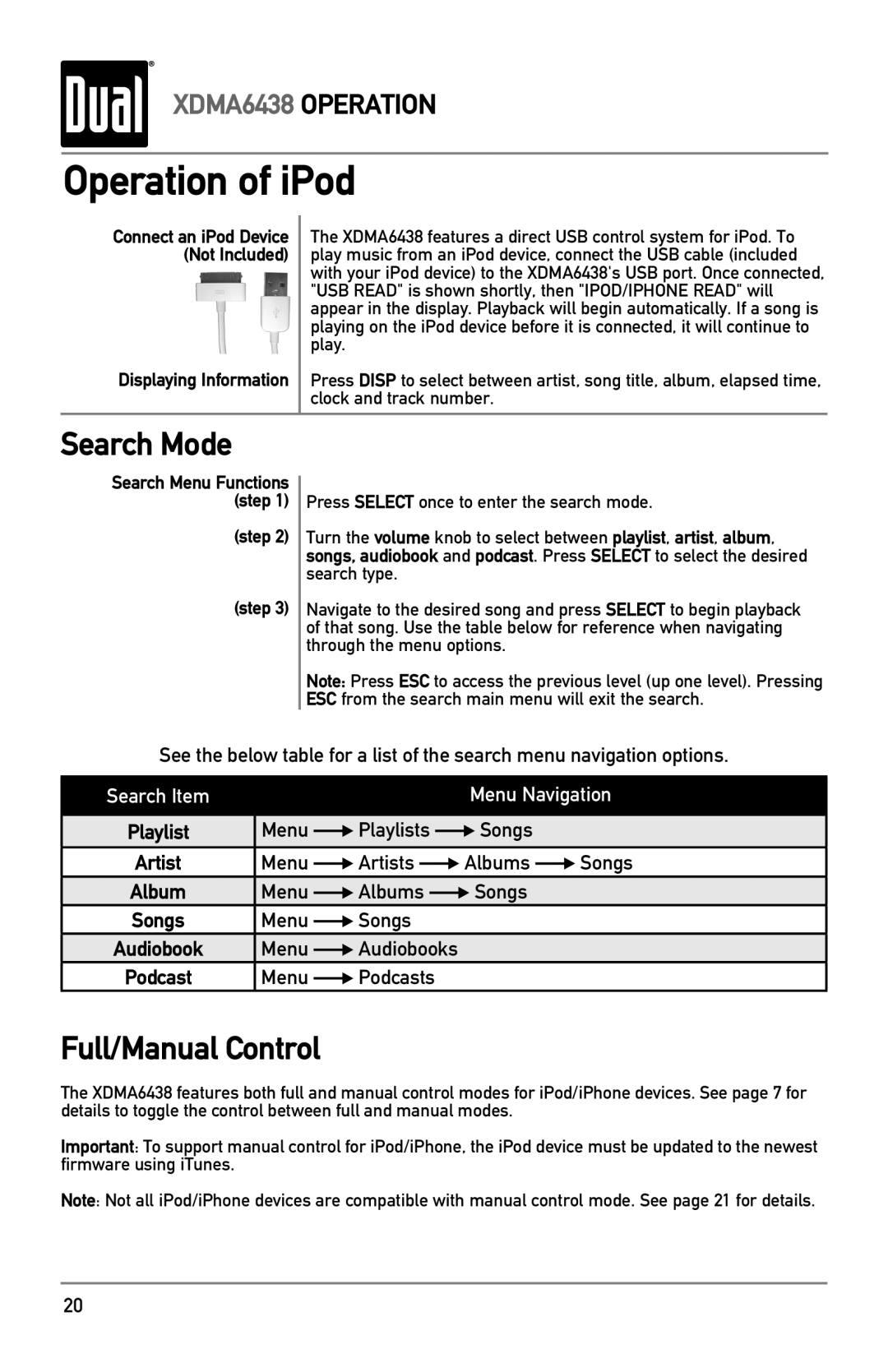 Dual XDMA6438 owner manual Operation of iPod, Search Mode 