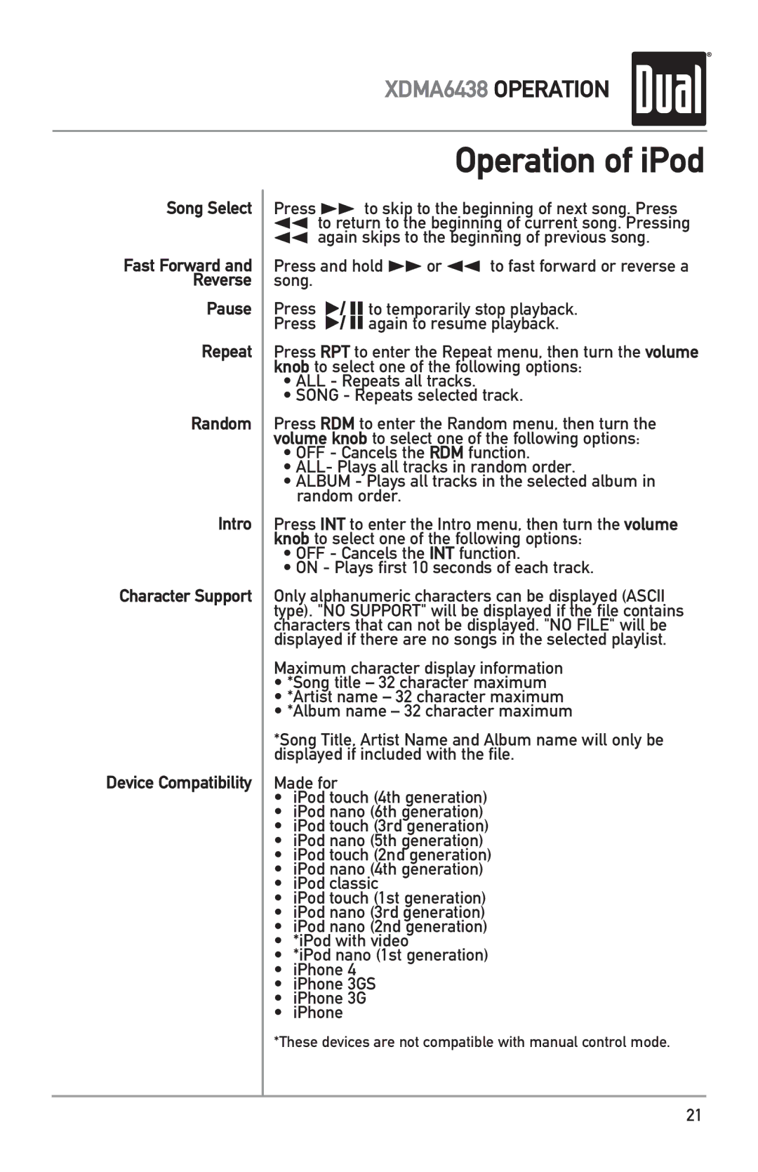 Dual XDMA6438 owner manual These devices are not compatible with manual control mode 