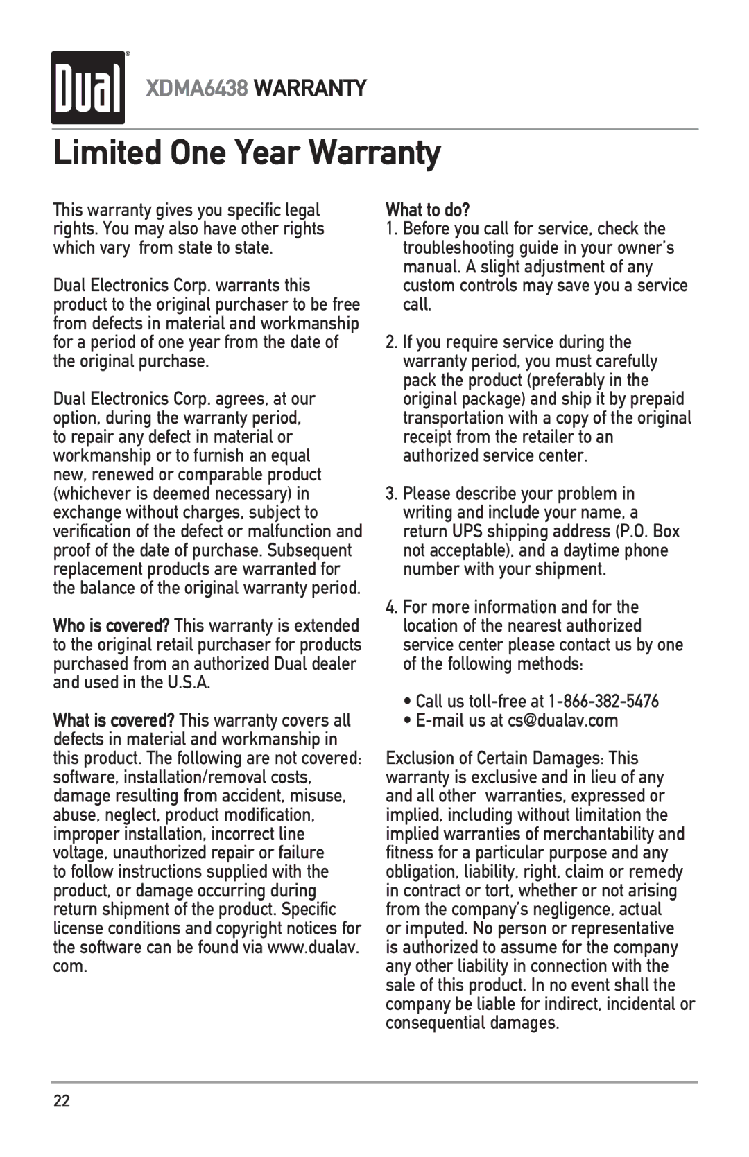 Dual XDMA6438 owner manual Limited One Year Warranty, What to do? 