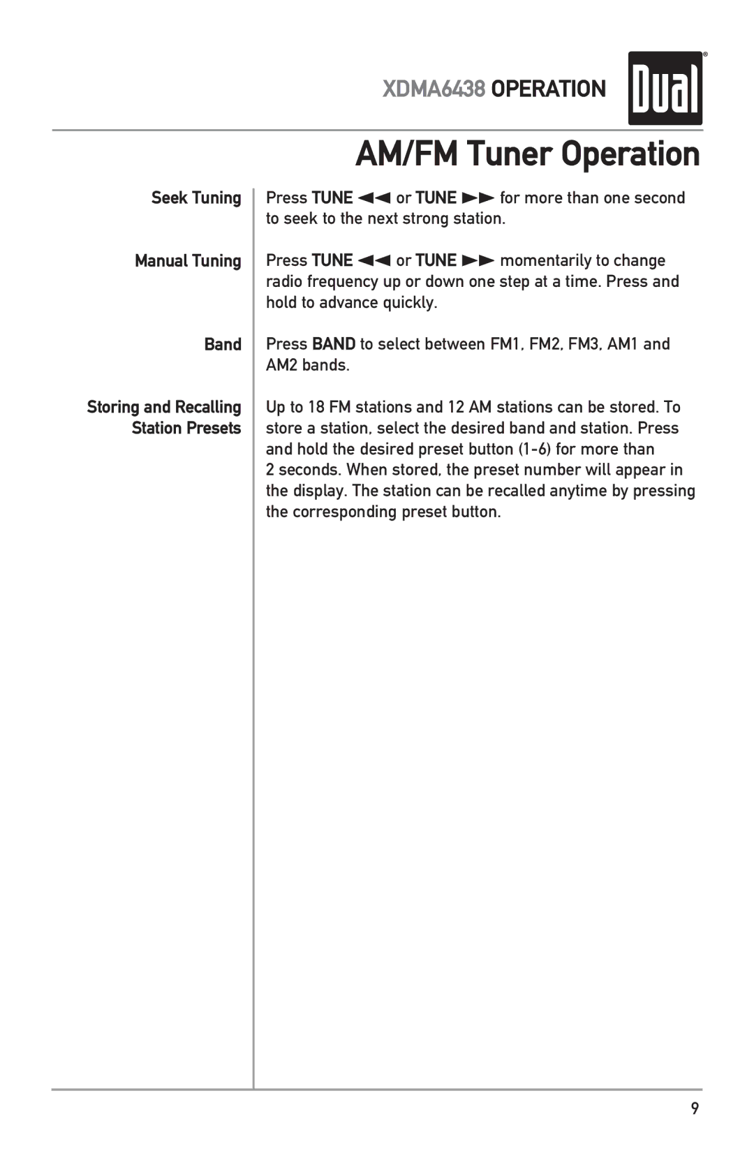 Dual XDMA6438 owner manual AM/FM Tuner Operation, Seek Tuning Manual Tuning Band 