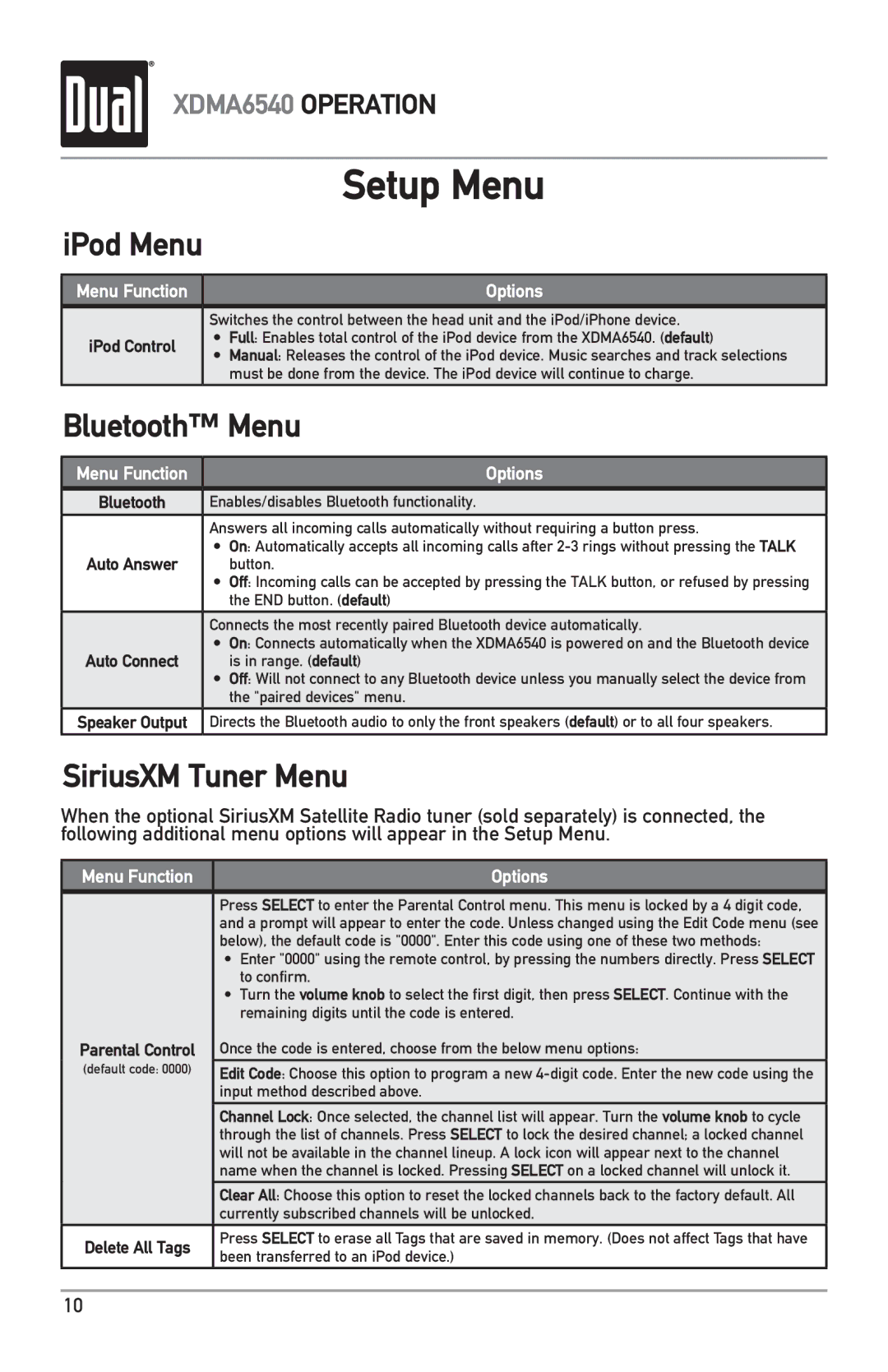 Dual XDMA6540 owner manual Bluetooth Menu, SiriusXM Tuner Menu 