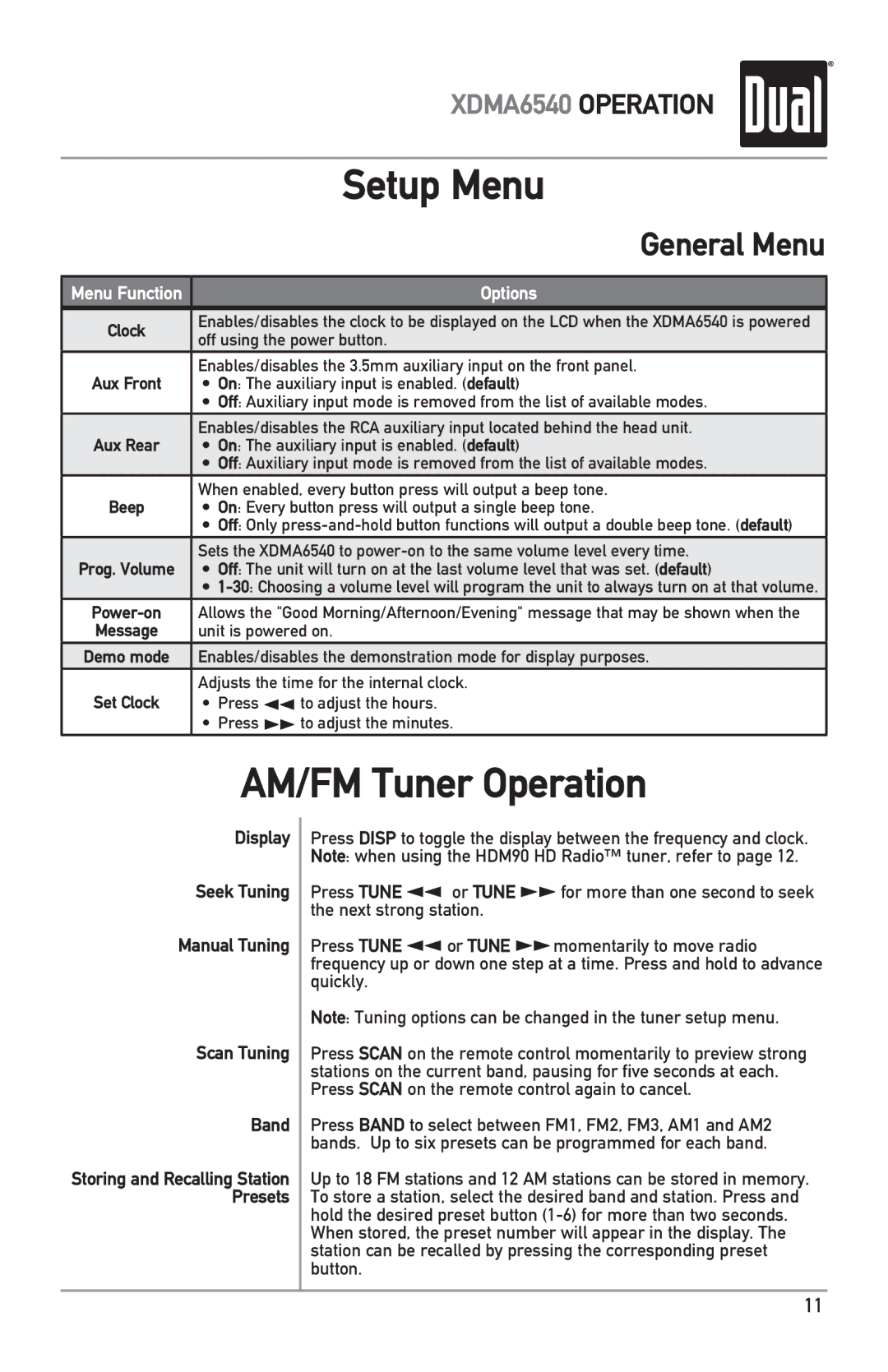 Dual XDMA6540 owner manual AM/FM Tuner Operation, Display Seek Tuning Manual Tuning Scan Tuning Band 