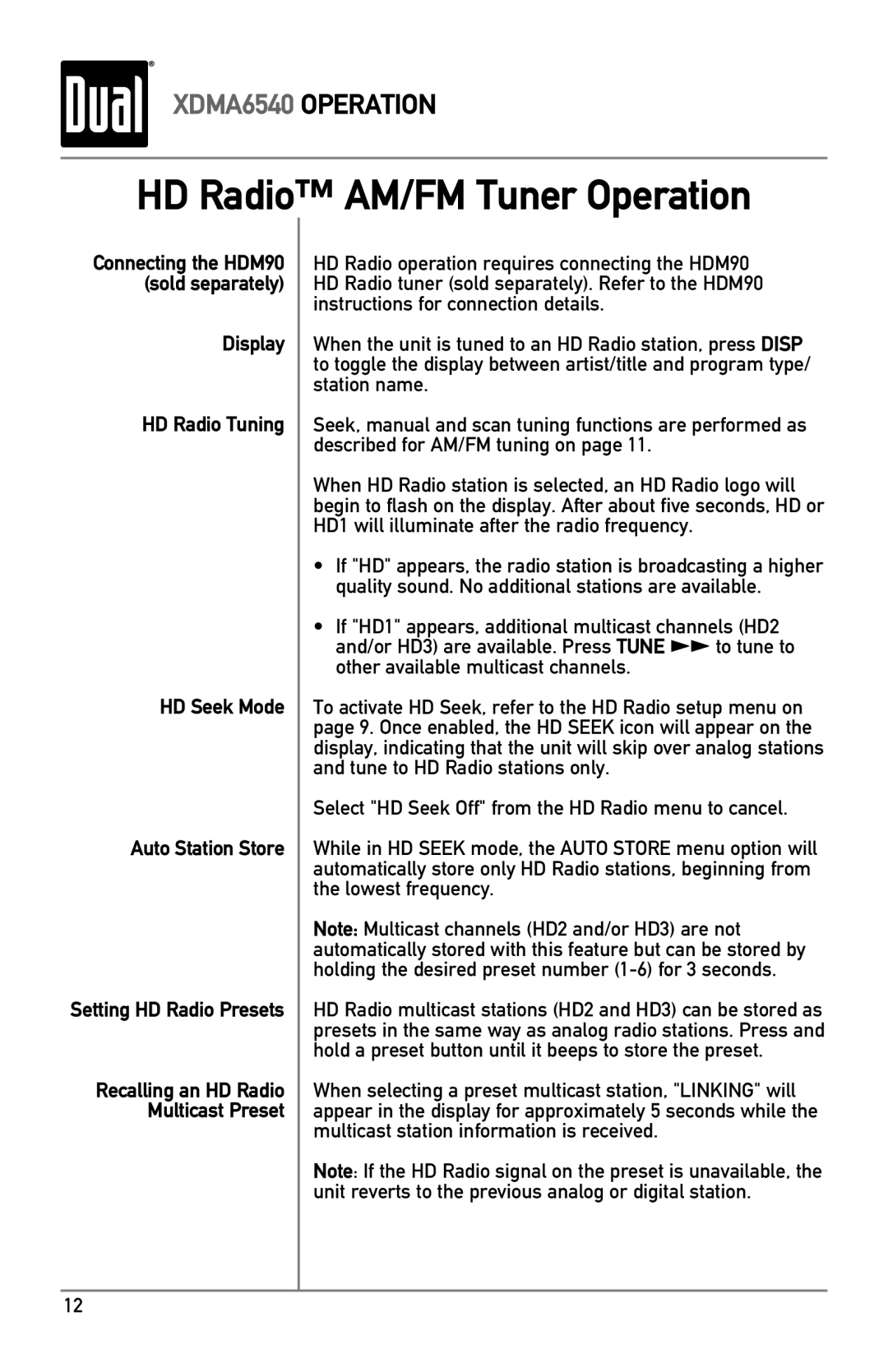 Dual XDMA6540 owner manual HD Radio AM/FM Tuner Operation 