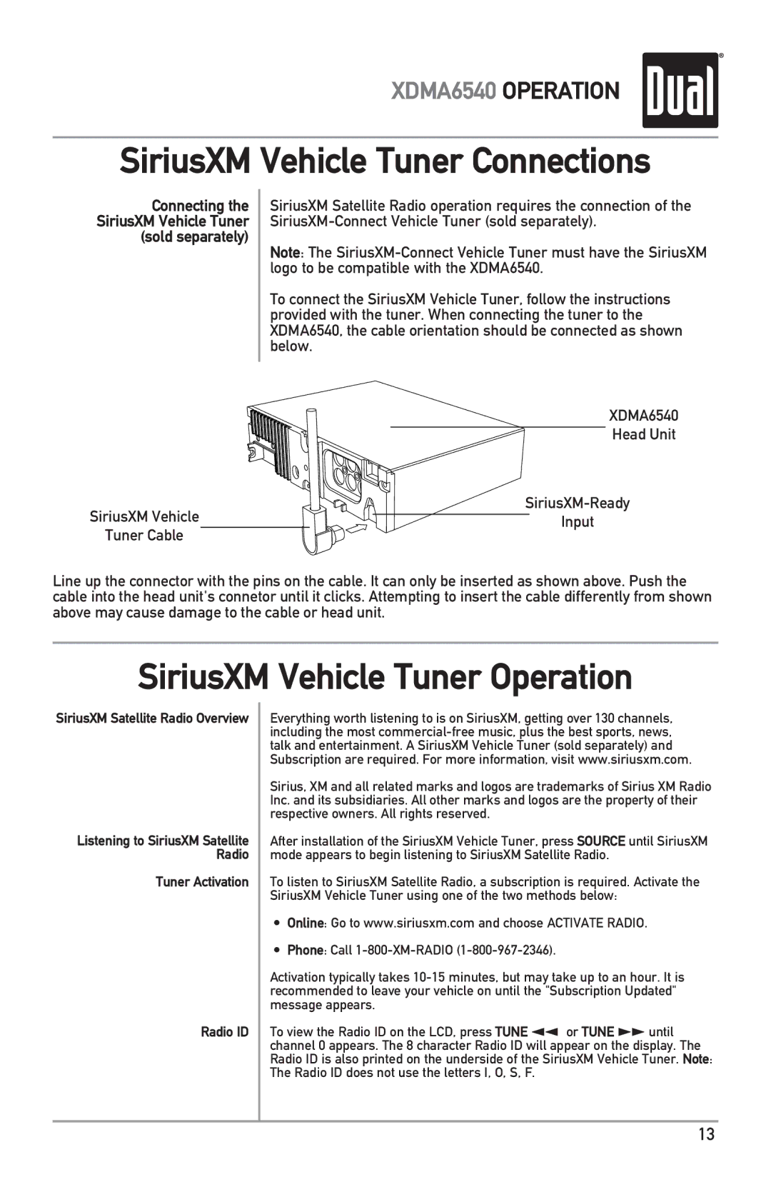 Dual XDMA6540 SiriusXM Vehicle Tuner Connections, SiriusXM Vehicle Tuner Operation, Connecting, Sold separately 