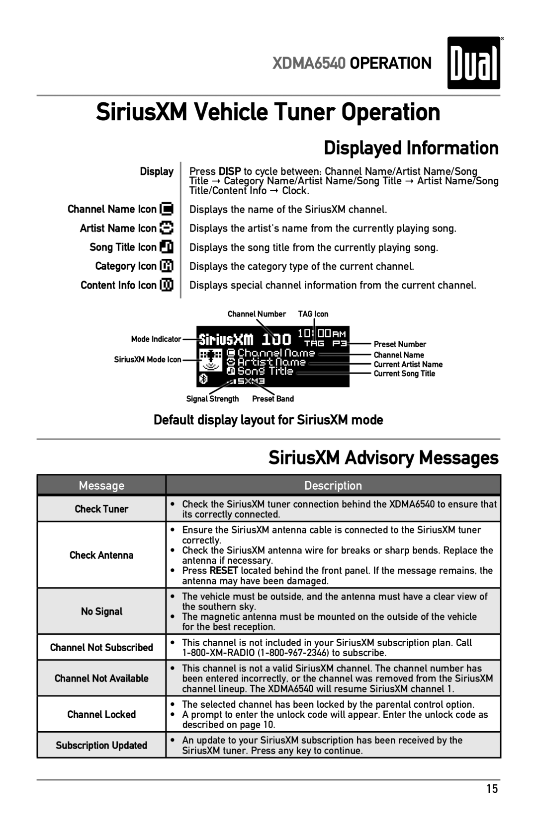 Dual XDMA6540 owner manual Displayed Information, Artist Name Icon Song Title Icon 