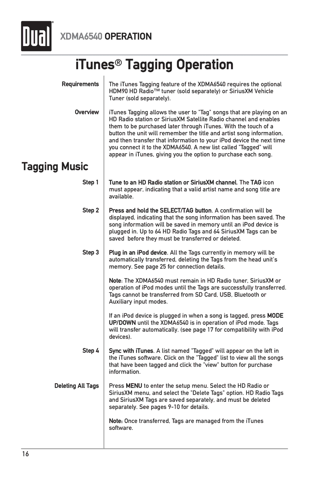 Dual XDMA6540 owner manual ITunes Tagging Operation, Tagging Music, Requirements Overview, Step Deleting All Tags 