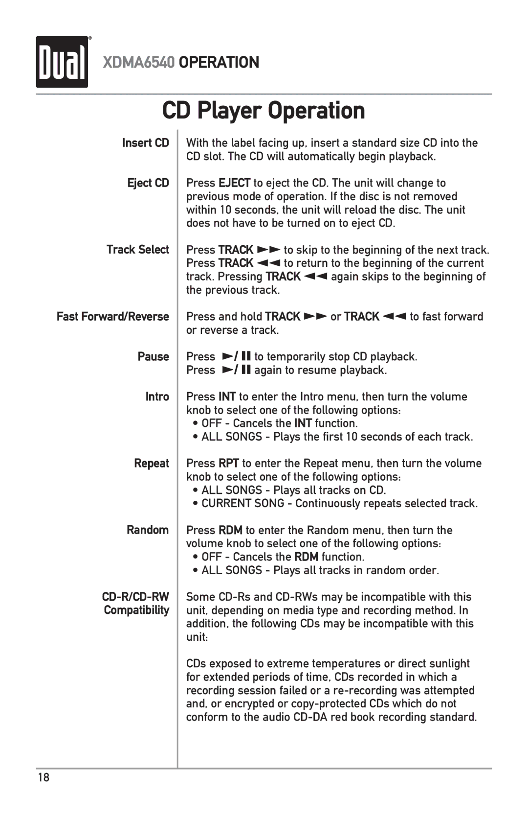 Dual XDMA6540 owner manual CD Player Operation, Cd-R/Cd-Rw 