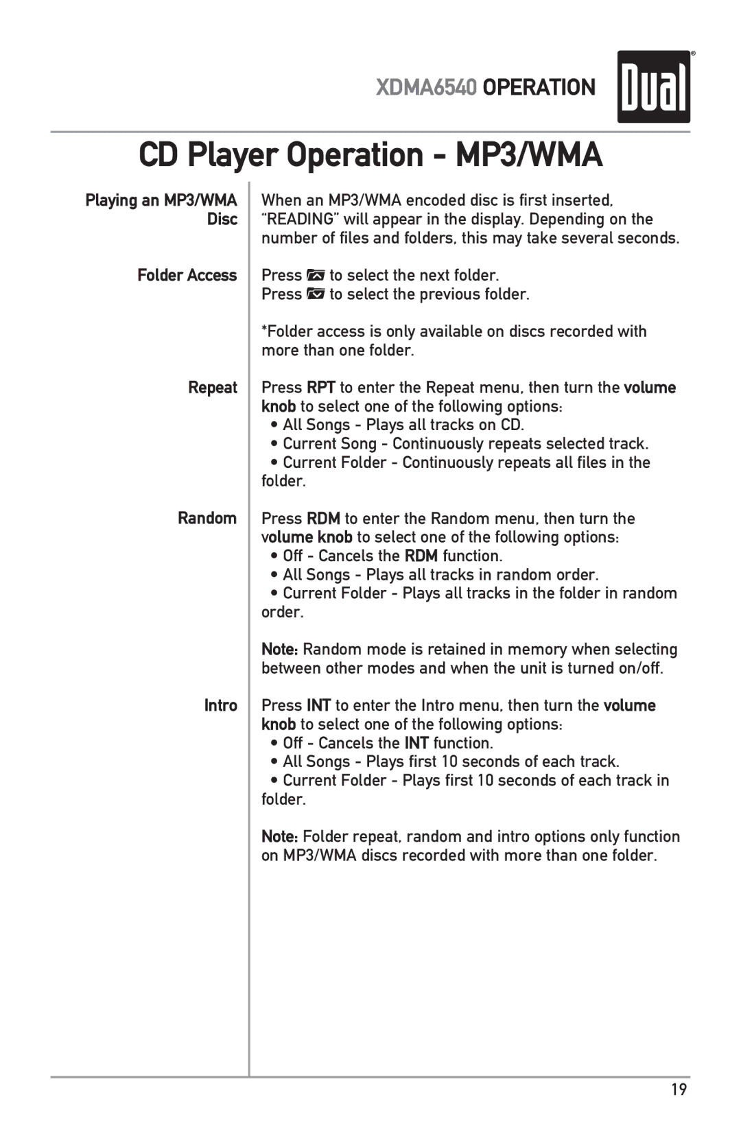 Dual XDMA6540 owner manual CD Player Operation MP3/WMA, Folder Access Repeat Random Intro 