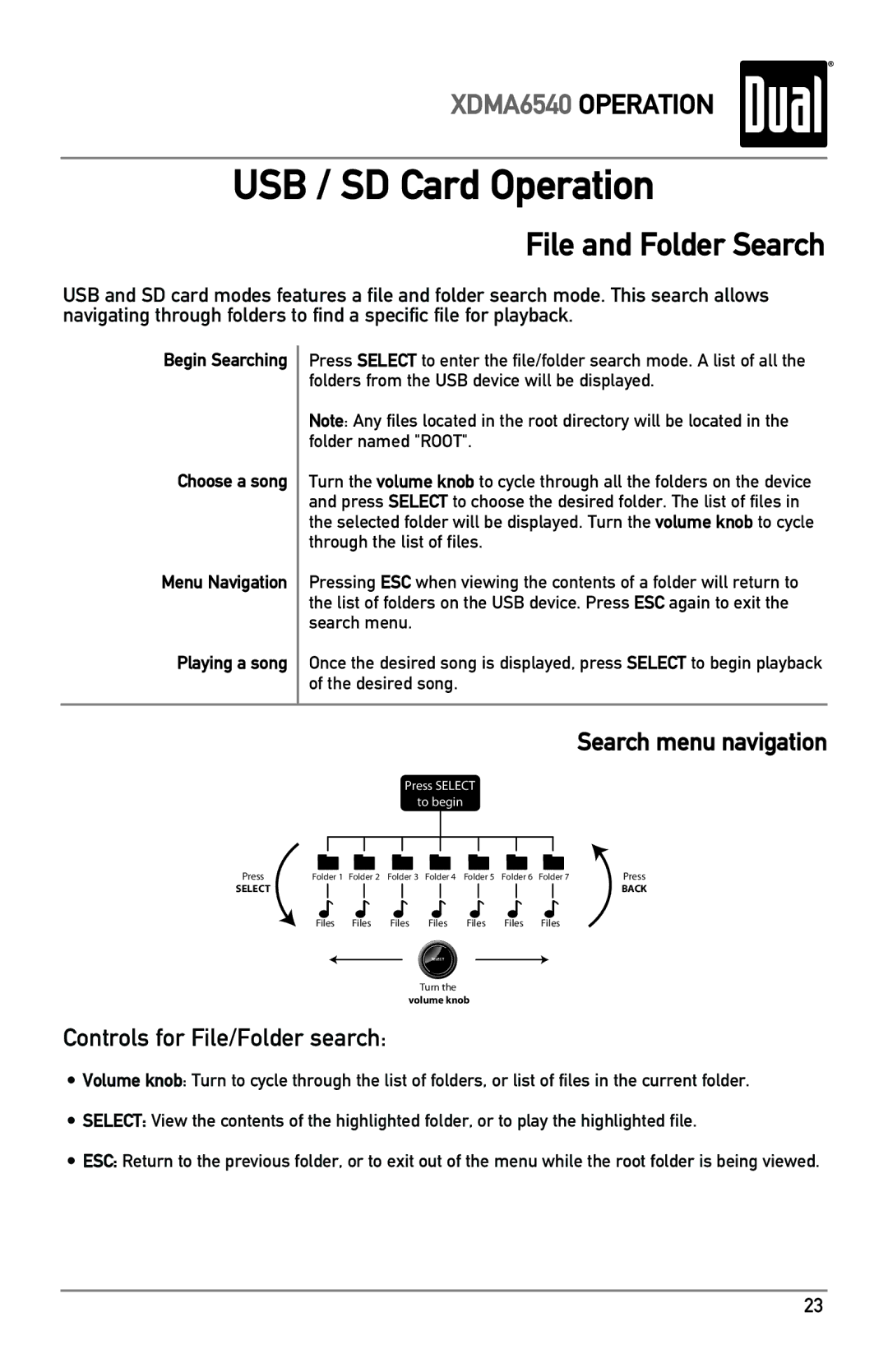 Dual XDMA6540 owner manual USB / SD Card Operation, File and Folder Search 