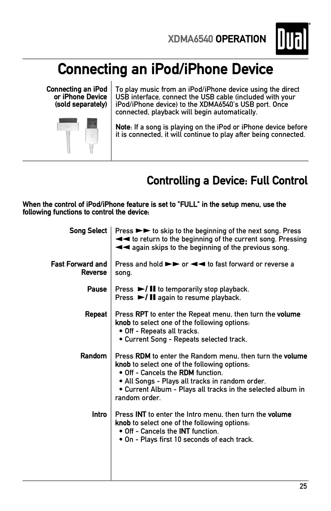 Dual XDMA6540 owner manual Connecting an iPod/iPhone Device, Controlling a Device Full Control 