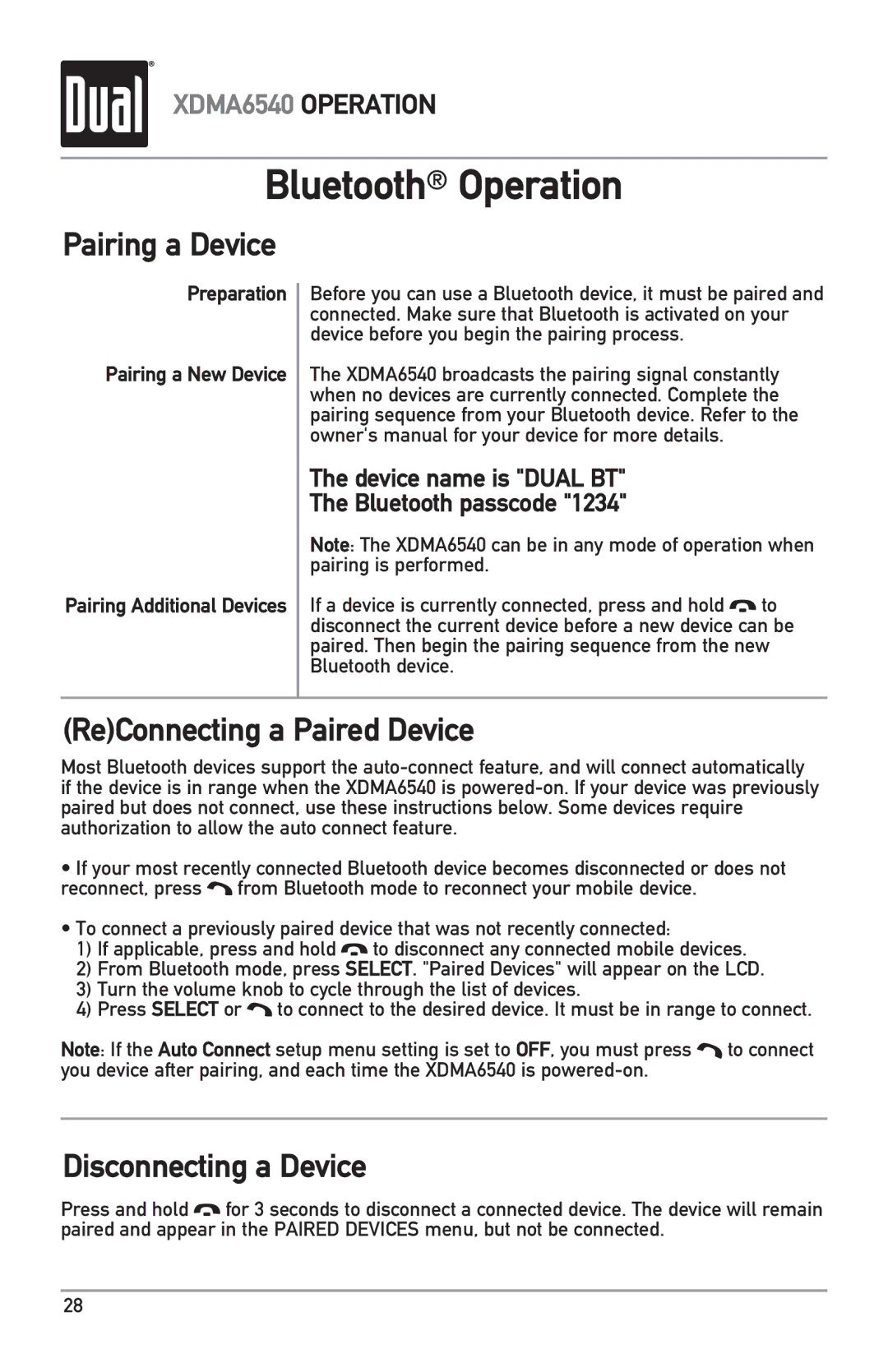 Dual XDMA6540 Bluetooth Operation, ReConnecting a Paired Device, Disconnecting a Device, Pairing Additional Devices 