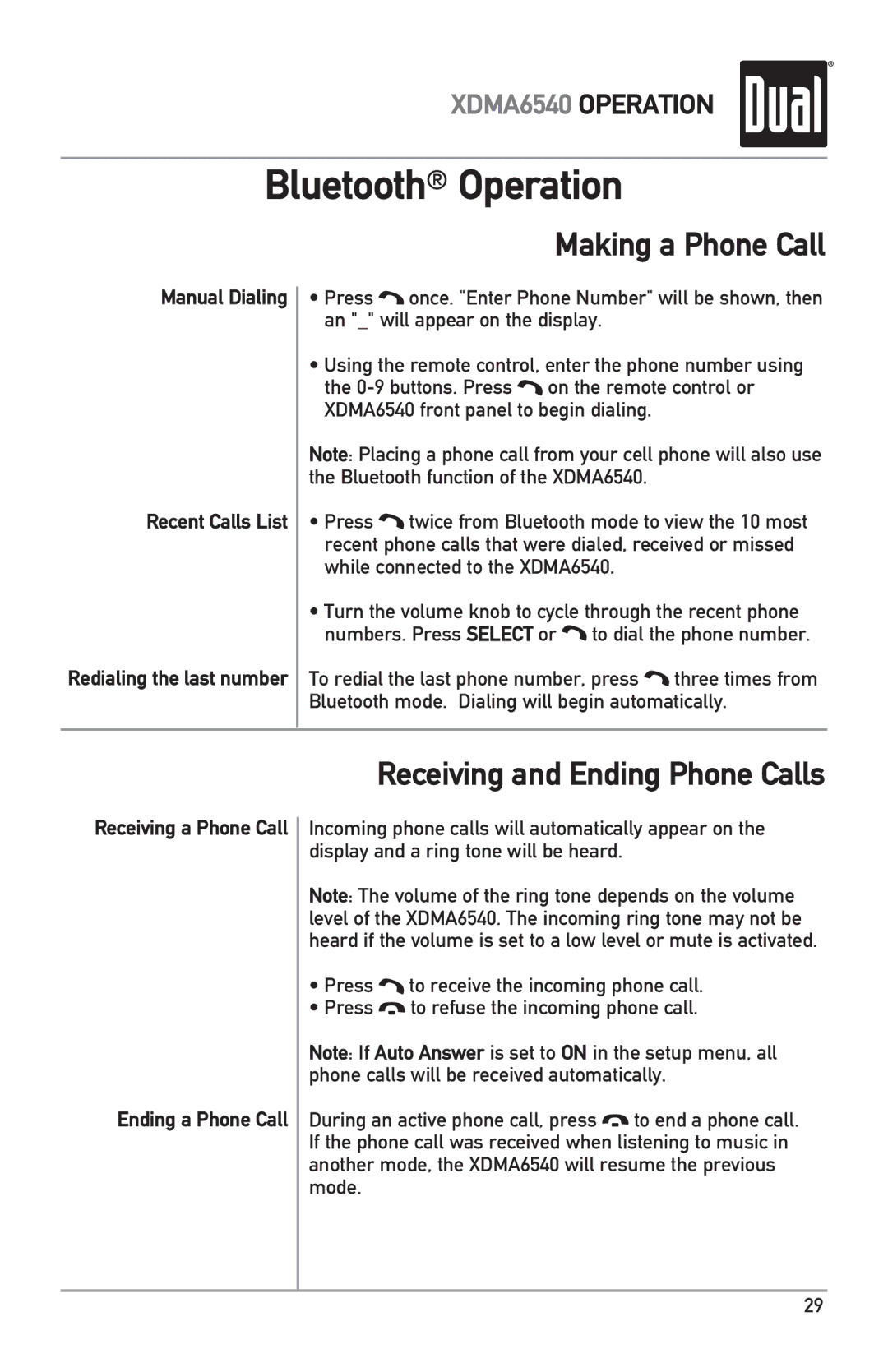 Dual XDMA6540 owner manual Making a Phone Call, Receiving and Ending Phone Calls 