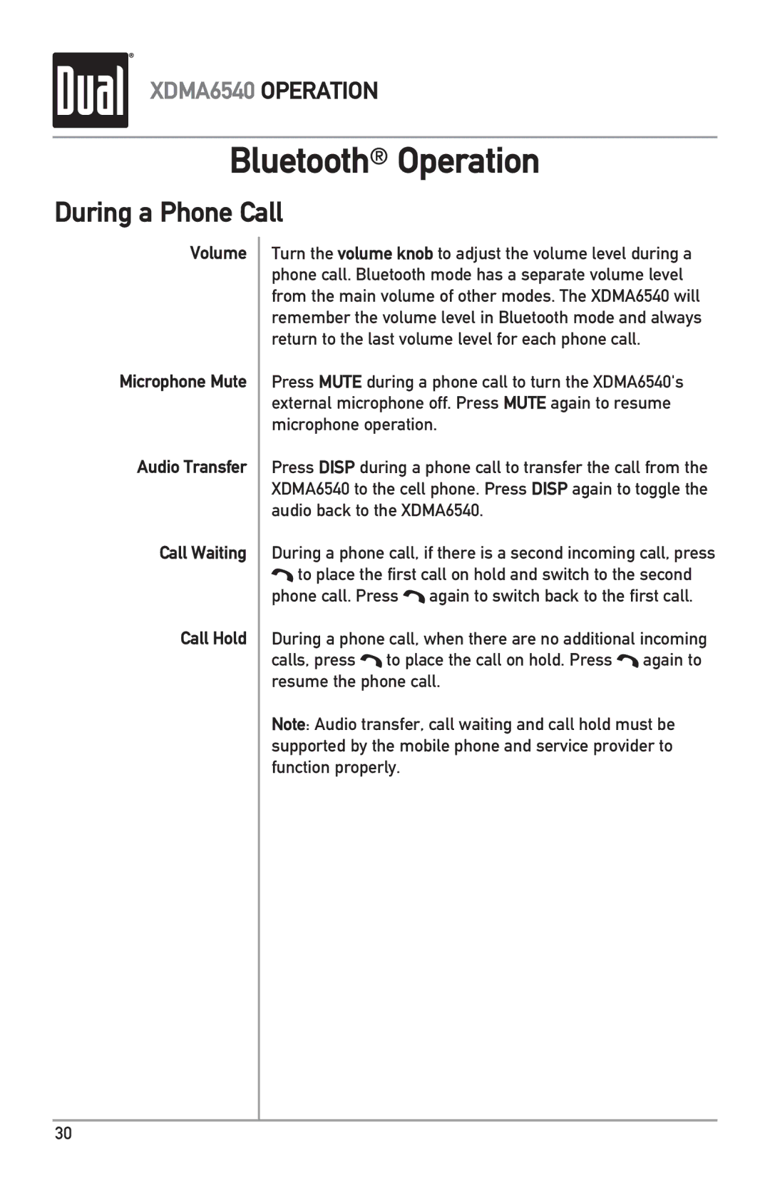 Dual XDMA6540 owner manual During a Phone Call 